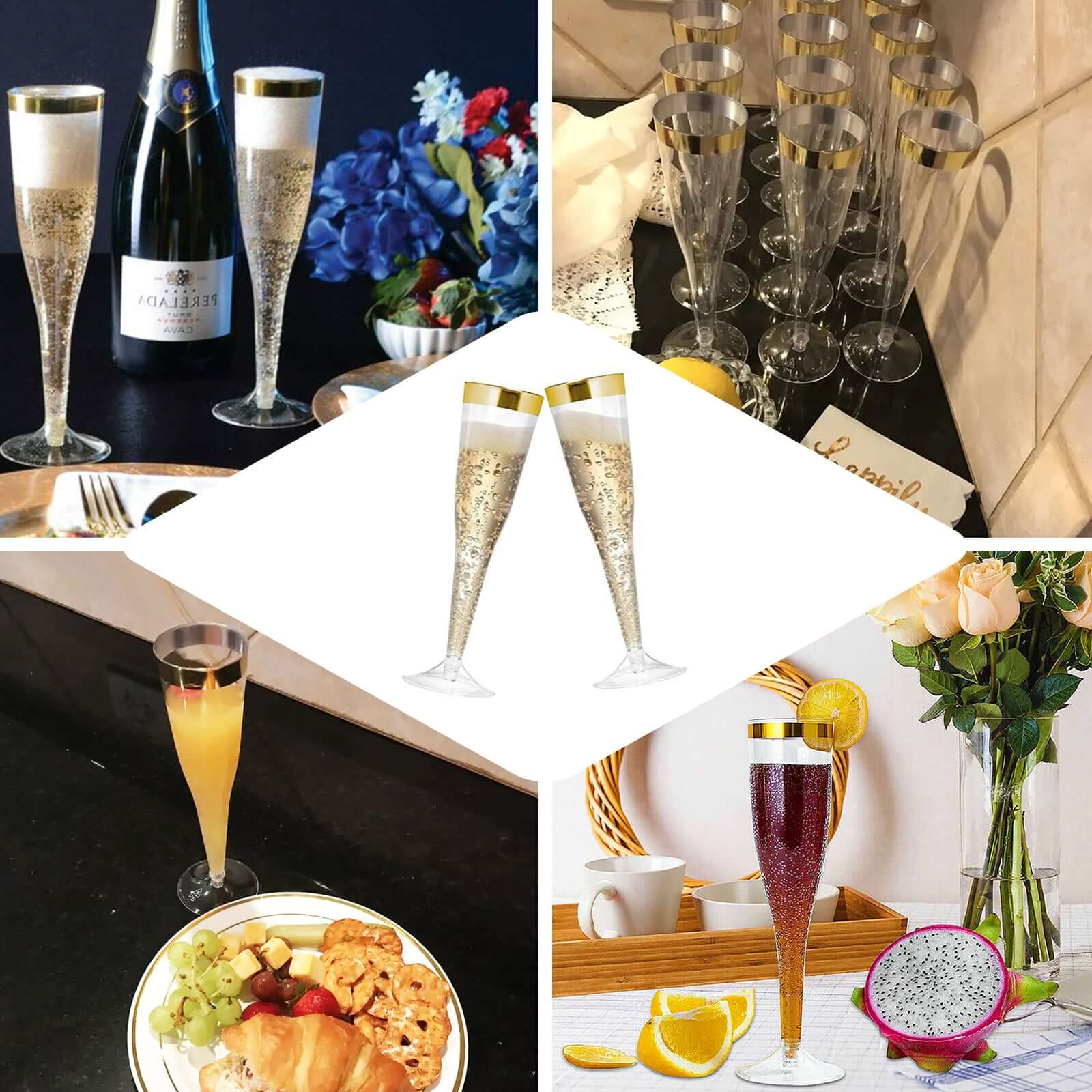 12-Pack Stylish Disposable 6oz Plastic Champagne Flutes with Detachable Base, Clear with Gold Rim