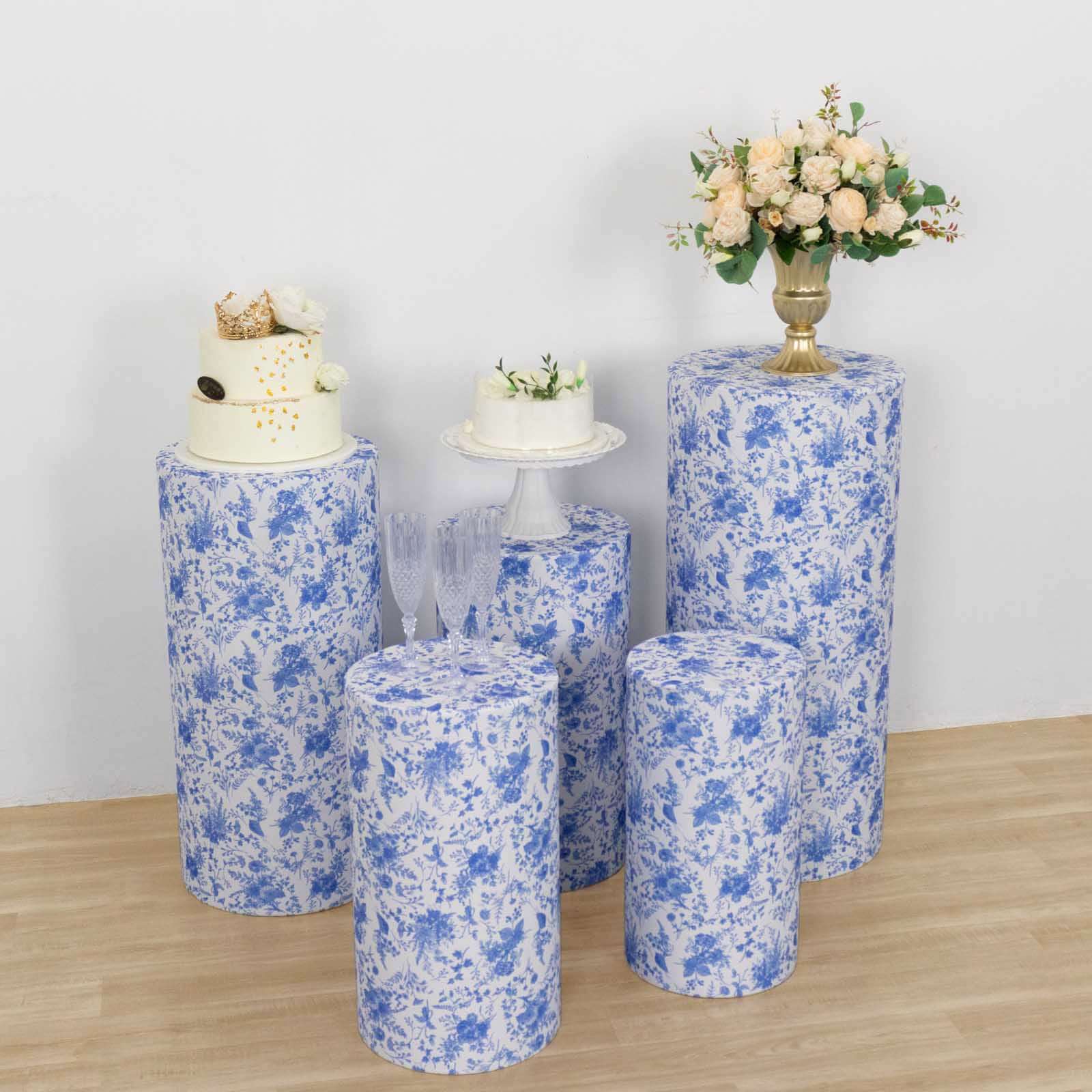 5-Piece Set of Stretchable White and Blue French Toile Floral Spandex Cylinder Pedestal Stand Covers, 160 GSM