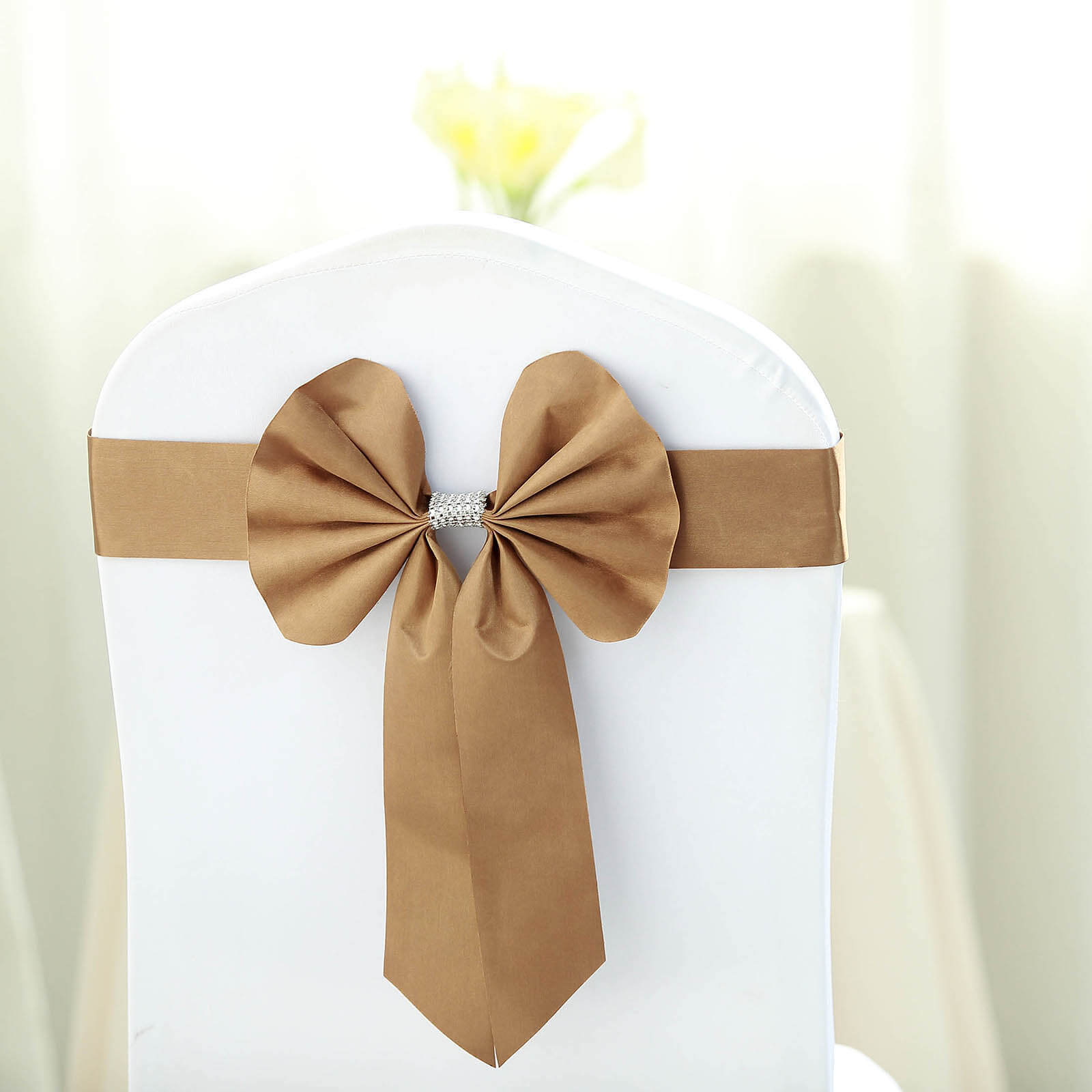 5-Pack Gold Satin Faux Leather Chair Sashes with Rhinestone Buckles - Ideal Party Decor