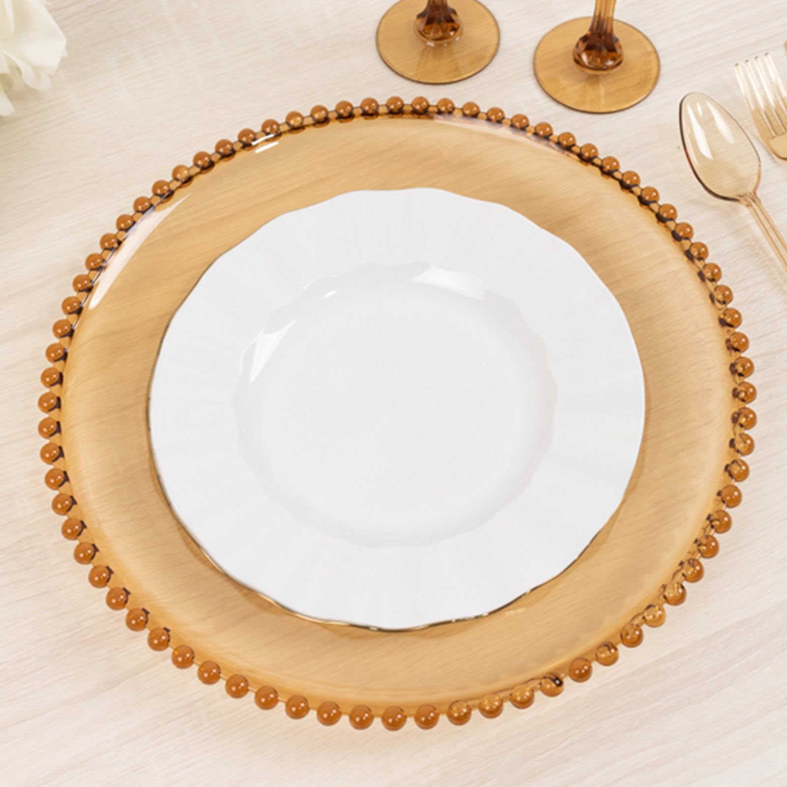 Set of 6 Acrylic Round 13-inch Amber Gold Charger Plates with Beaded Edging for Dinner Parties