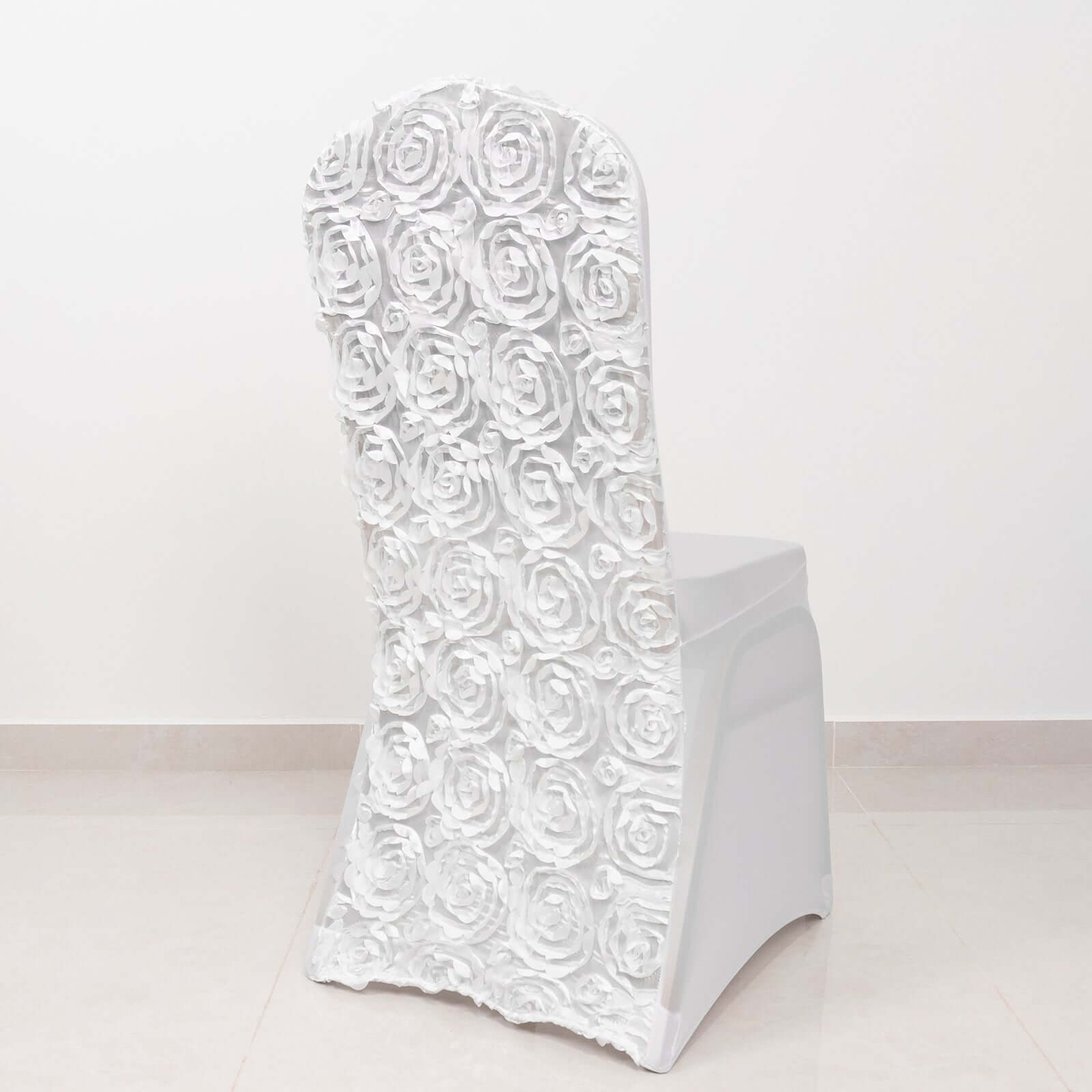 Hot Deal! White Satin Rosette Stretch Chair Covers for Banquet Chairs - Ideal for Elegant Gatherings