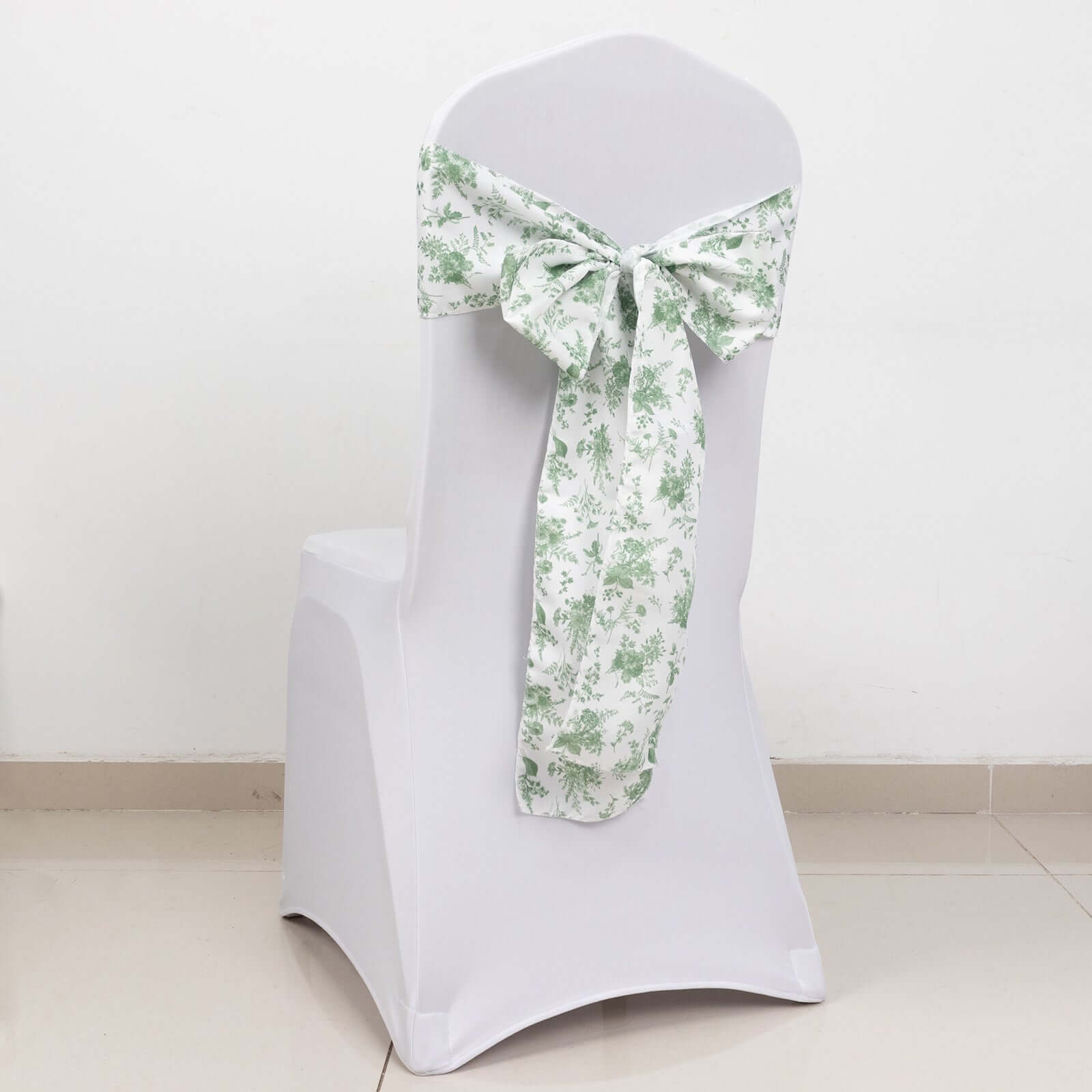 5-Pack French Toile Floral Polyester Chair Sashes in Dusty Sage Green - Stylish, Durable & Reusable