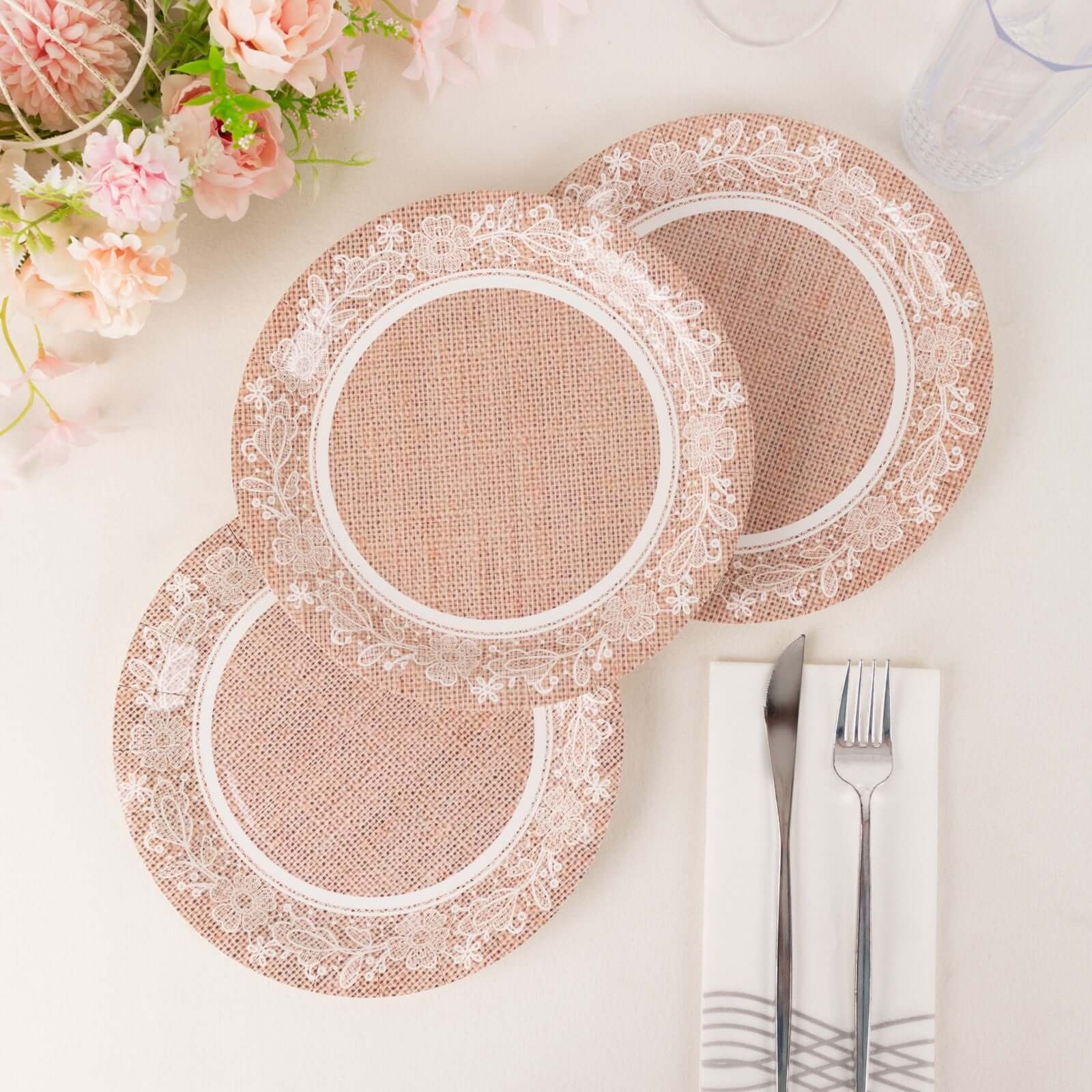 Hot Deal! 25-Pack of 9-Inch Round Disposable Paper Dinner Plates with Rustic Burlap & Floral Lace Design
