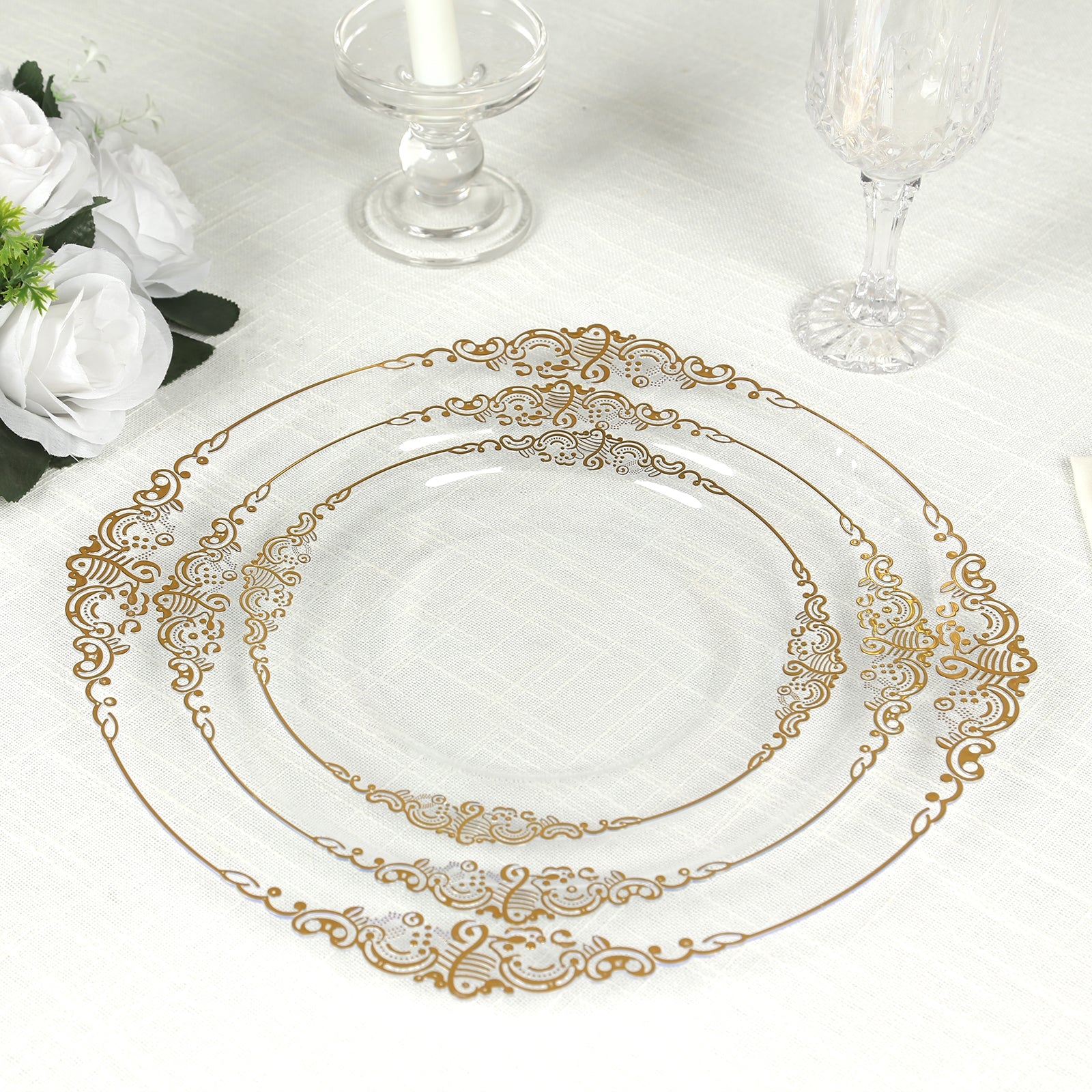 20-Pack Clear Plastic Round Charger Plates with Gold Embossed Baroque Rim - Ideal for Dinner Parties