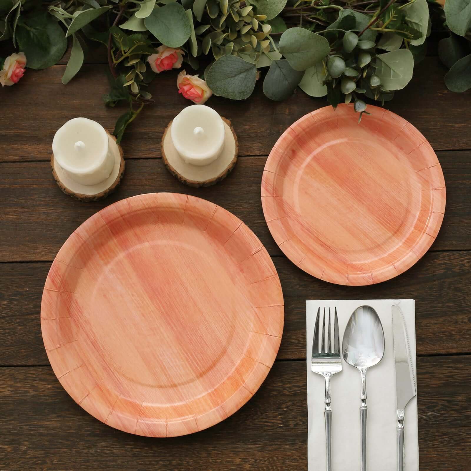 25-Pack Disposable 10-Inch Round Paper Dinner Plates with Natural Wood Grain Print