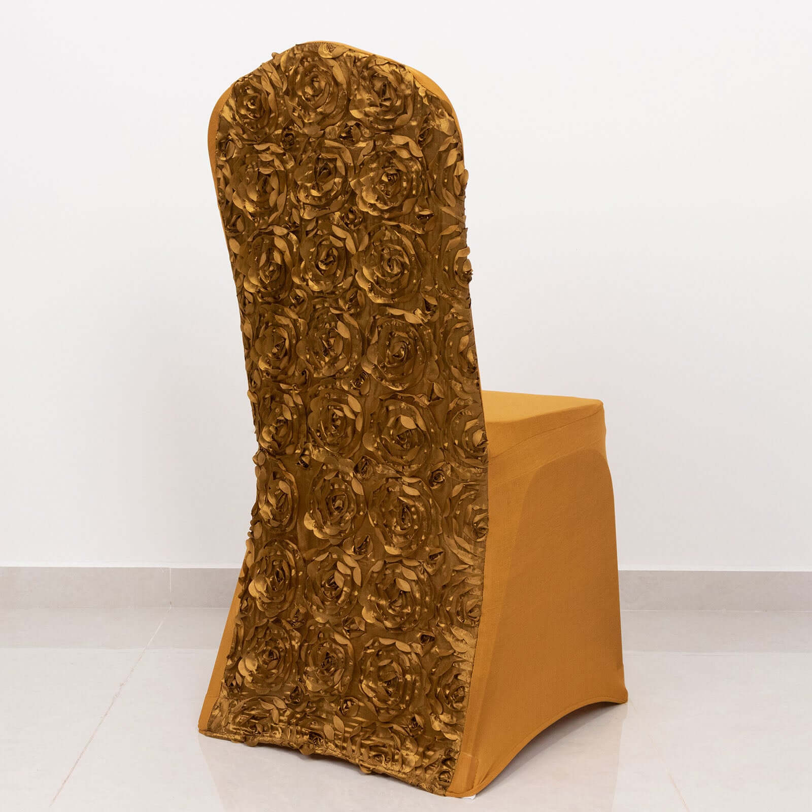Gold Satin Rosette Stretch Chair Cover - Ideal for Sophisticated Gatherings