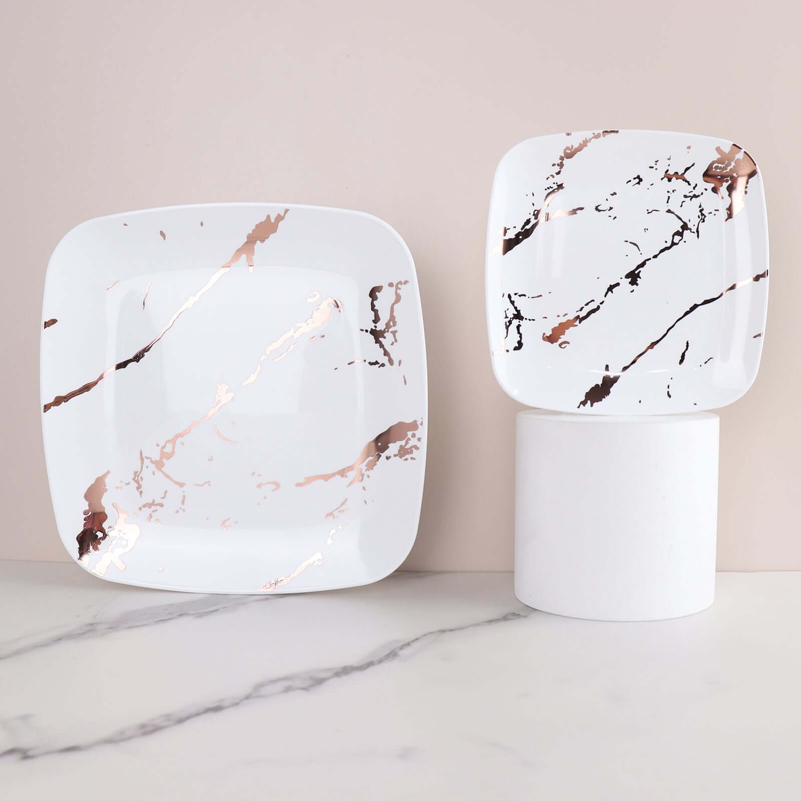 10-Pack Disposable White Plastic Dessert Plates with Rose Gold Marble Design - Ideal for Parties