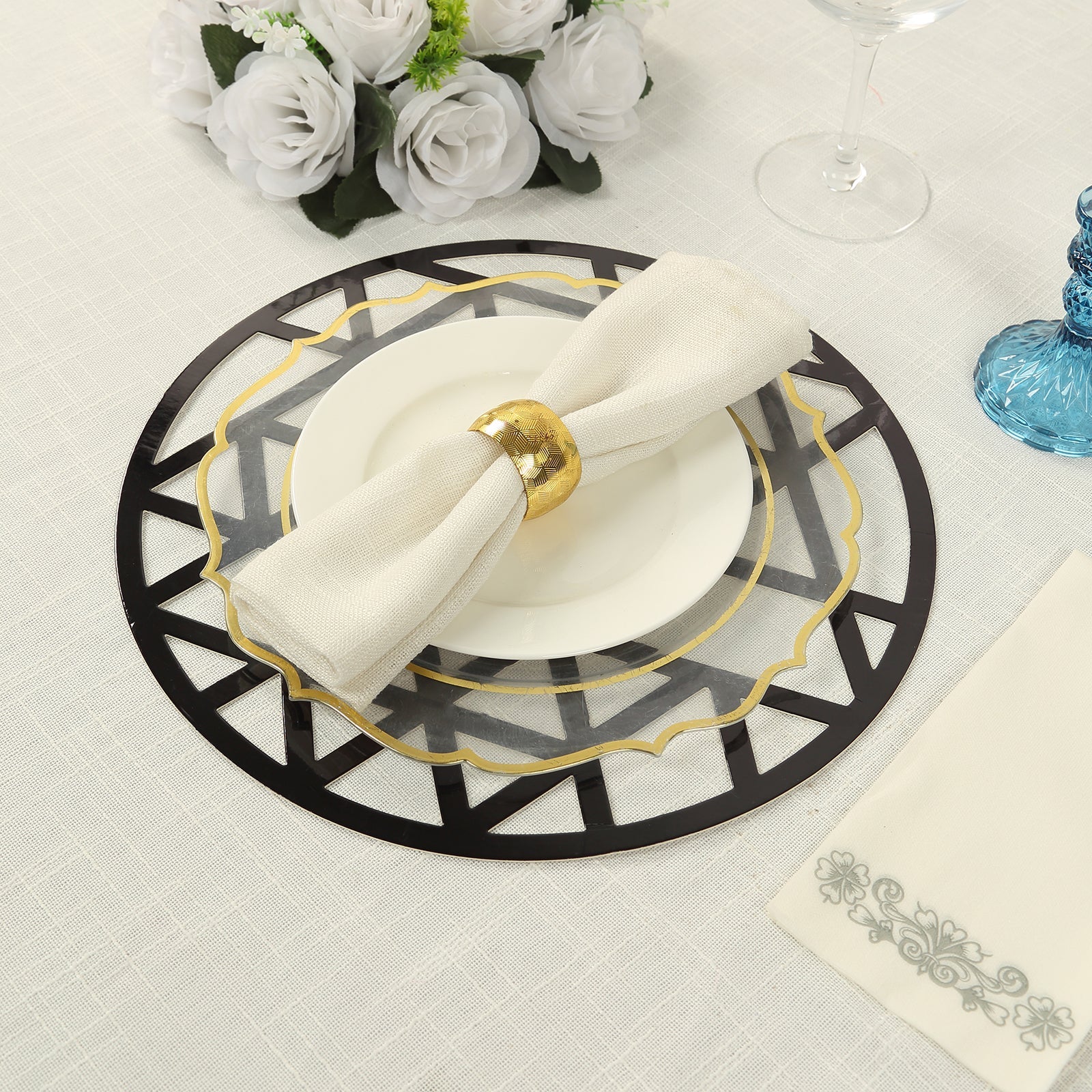 Hot Sale! 6-Pack Disposable Black Cardboard Table Placemats with Laser-Cut Geometric Triangles, 13 Inches