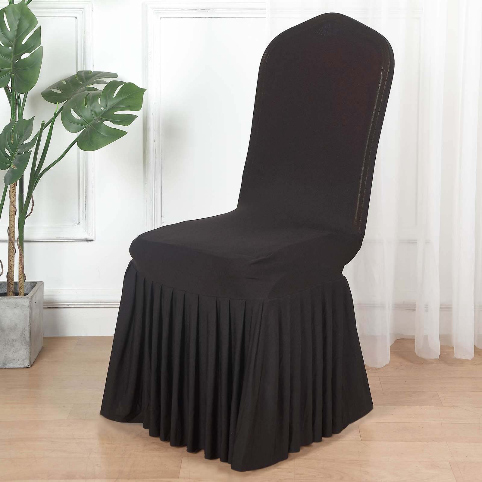 Black Spandex Stretch Fitted Slipcover with Ruffle Pleated Skirt for Banquet Chairs - 1 Piece