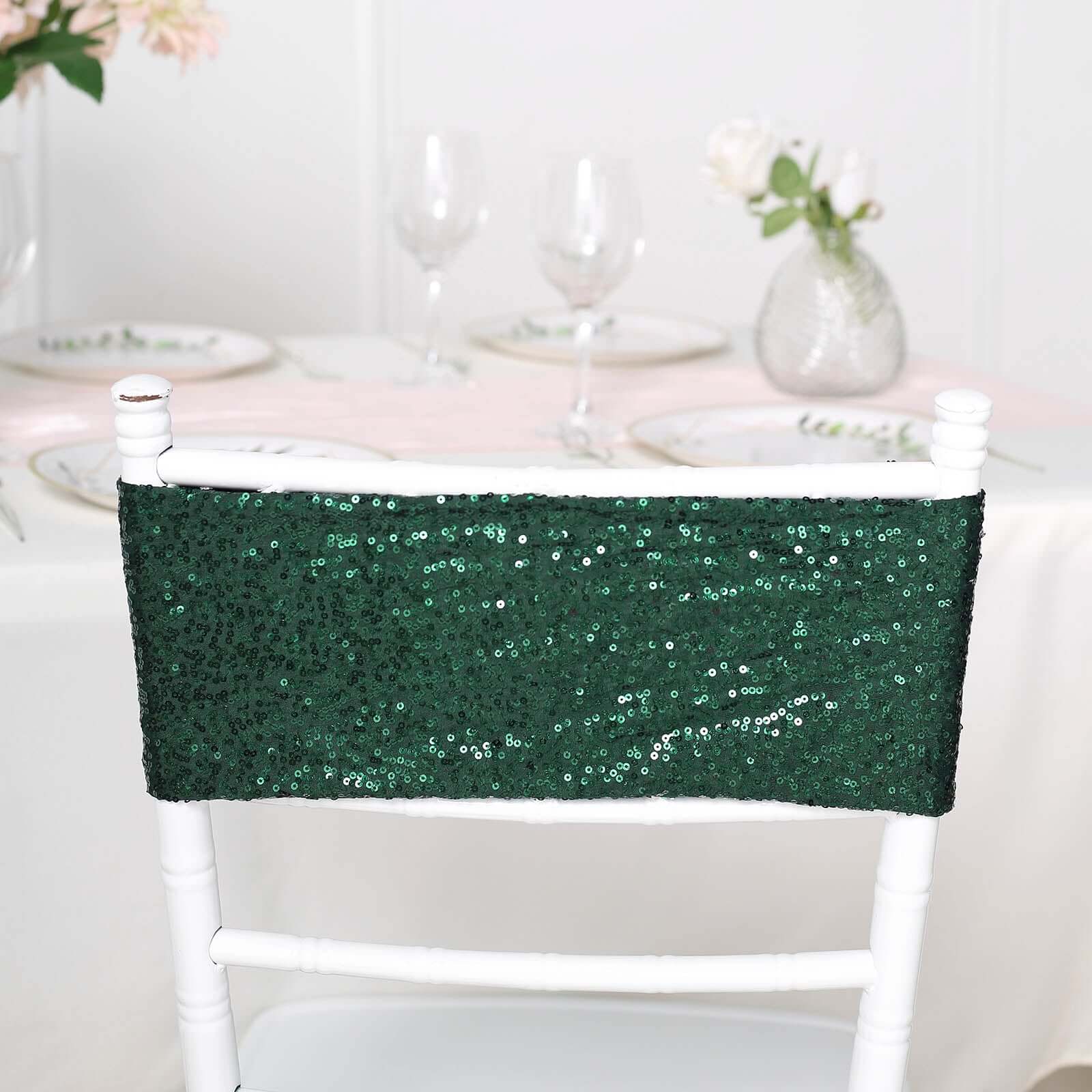 Special Offer: 5-Piece Set of Hunter Emerald Green Sequin Spandex Stretch Chair Bands (6x15 Inches)