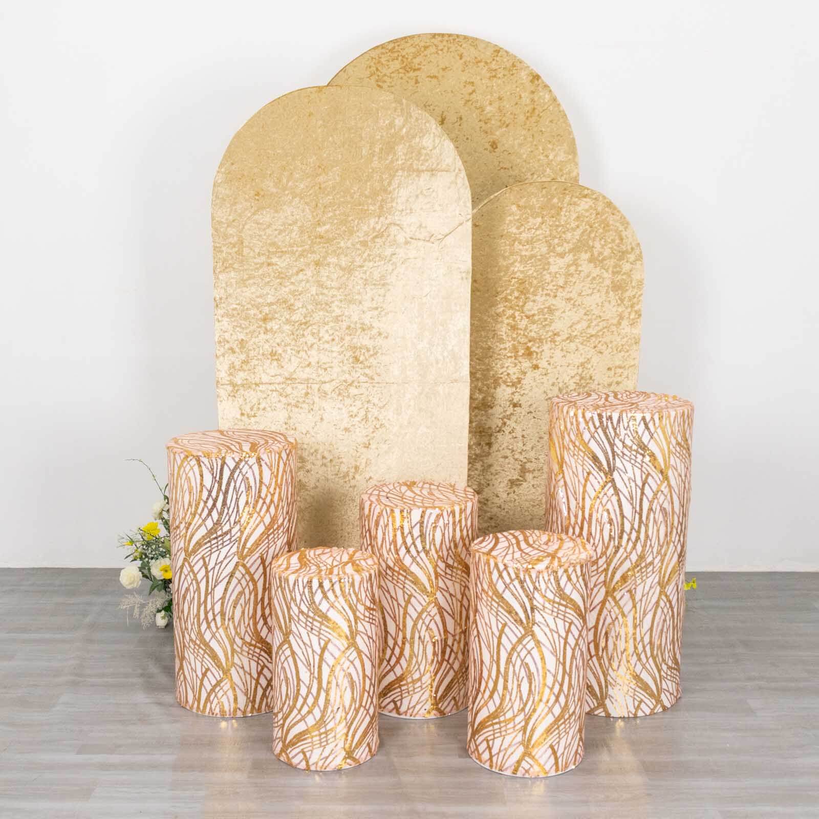 Set of 5 Rose Gold and Gold Sparkly Wave Sequin Mesh Cylinder Pedestal Stand Covers