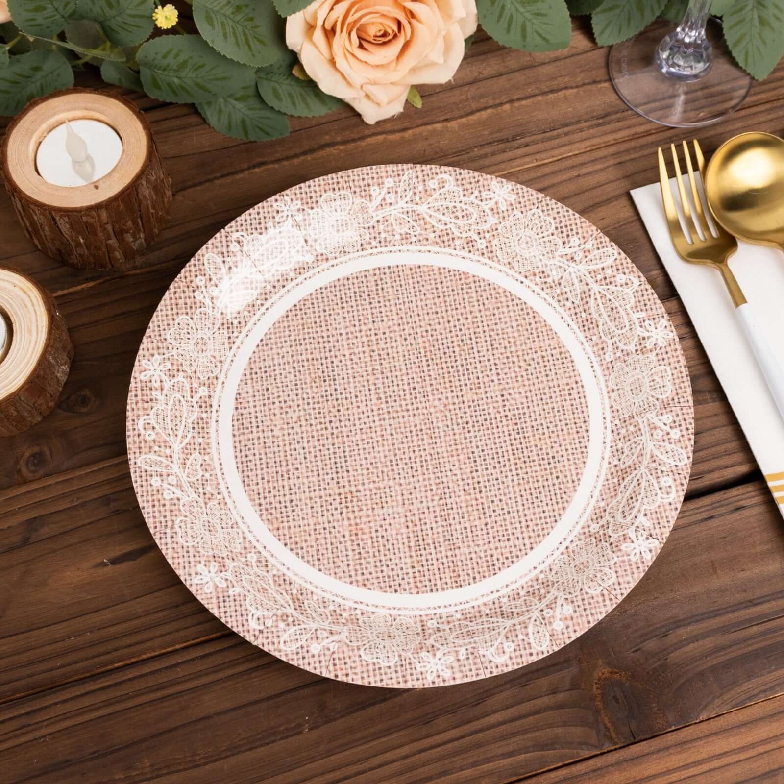 Hot Deal! 25-Pack of 9-Inch Round Disposable Paper Dinner Plates with Rustic Burlap & Floral Lace Design