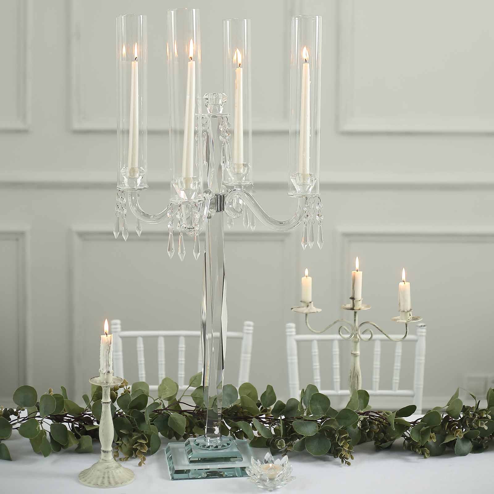 36-Inch 4-Arm Decorative Crystal Glass Taper Candle Holder Candelabra with Chandelier Chains