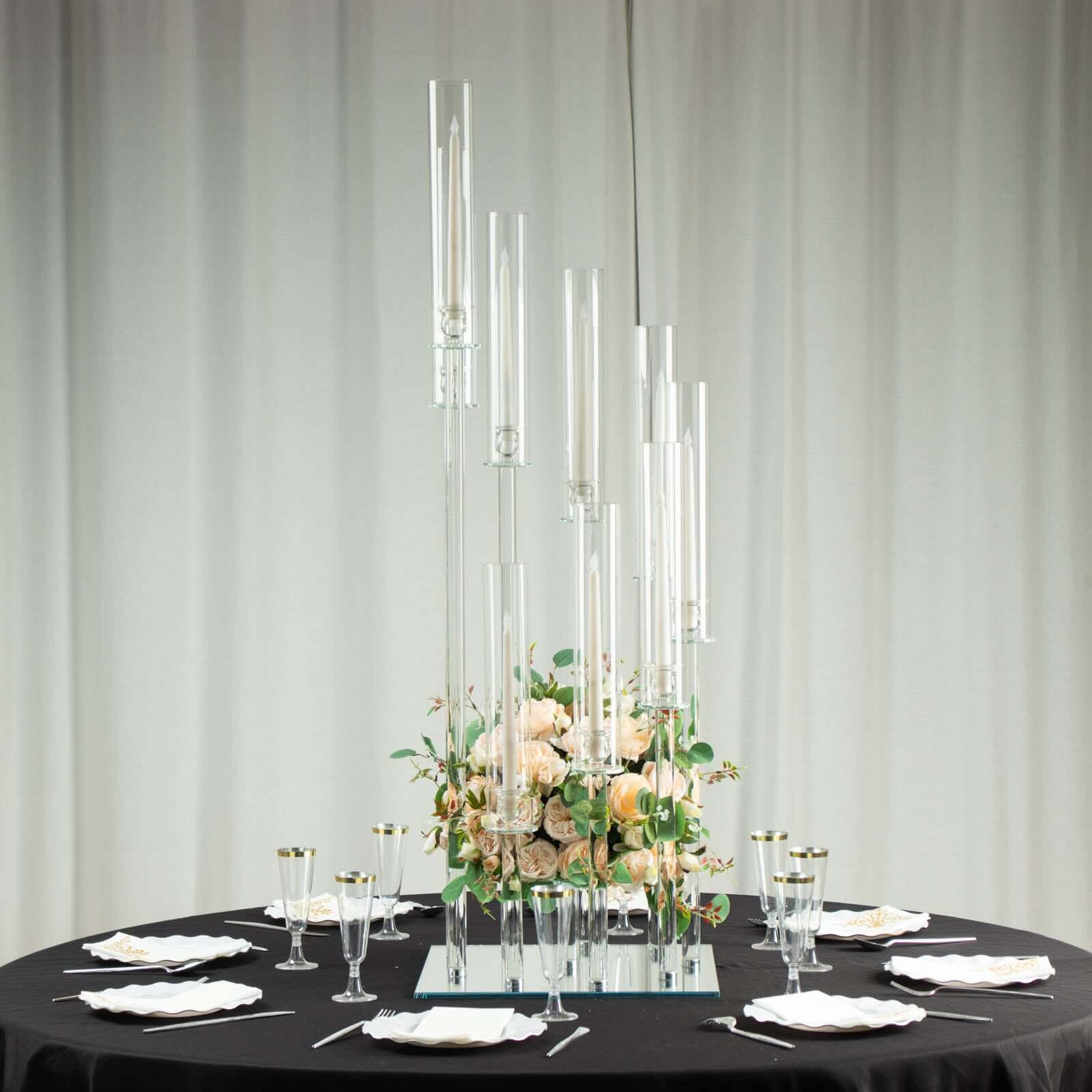 4ft Crystal Glass 9-Pillar Candelabra with Center Flower Stand - Ideal Table Centerpiece