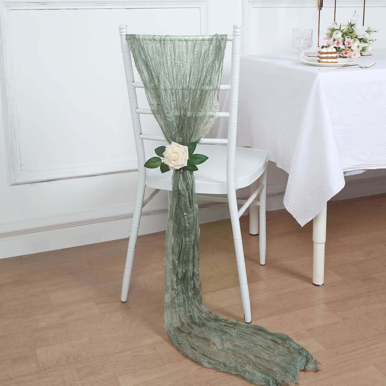 Set of 5 Dusty Sage Green Cheesecloth Chair Sashes, 16x88 Boho Decor