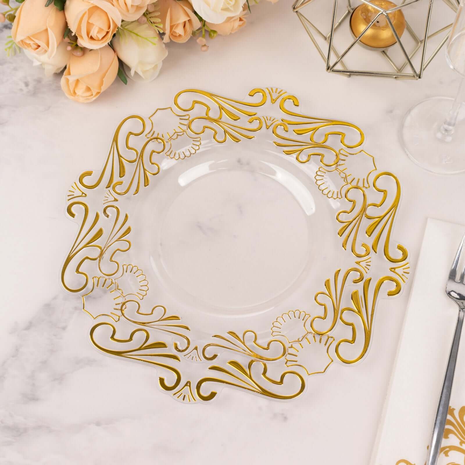 10-Piece Set of Clear Plastic Round Dessert Plates with Gold Vintage Baroque Scalloped Edge