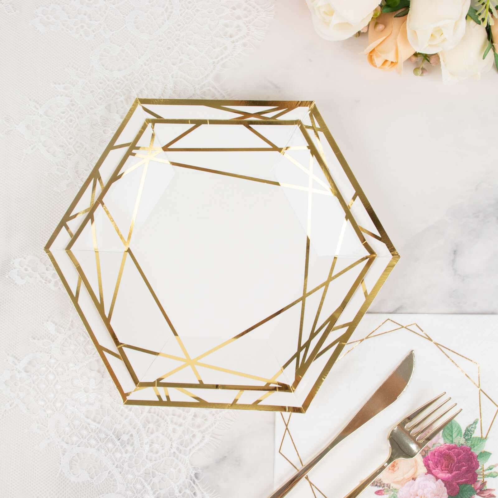 25-Pack White & Gold Geometric Hexagon Disposable Paper Appetizer and Salad Plates for Events