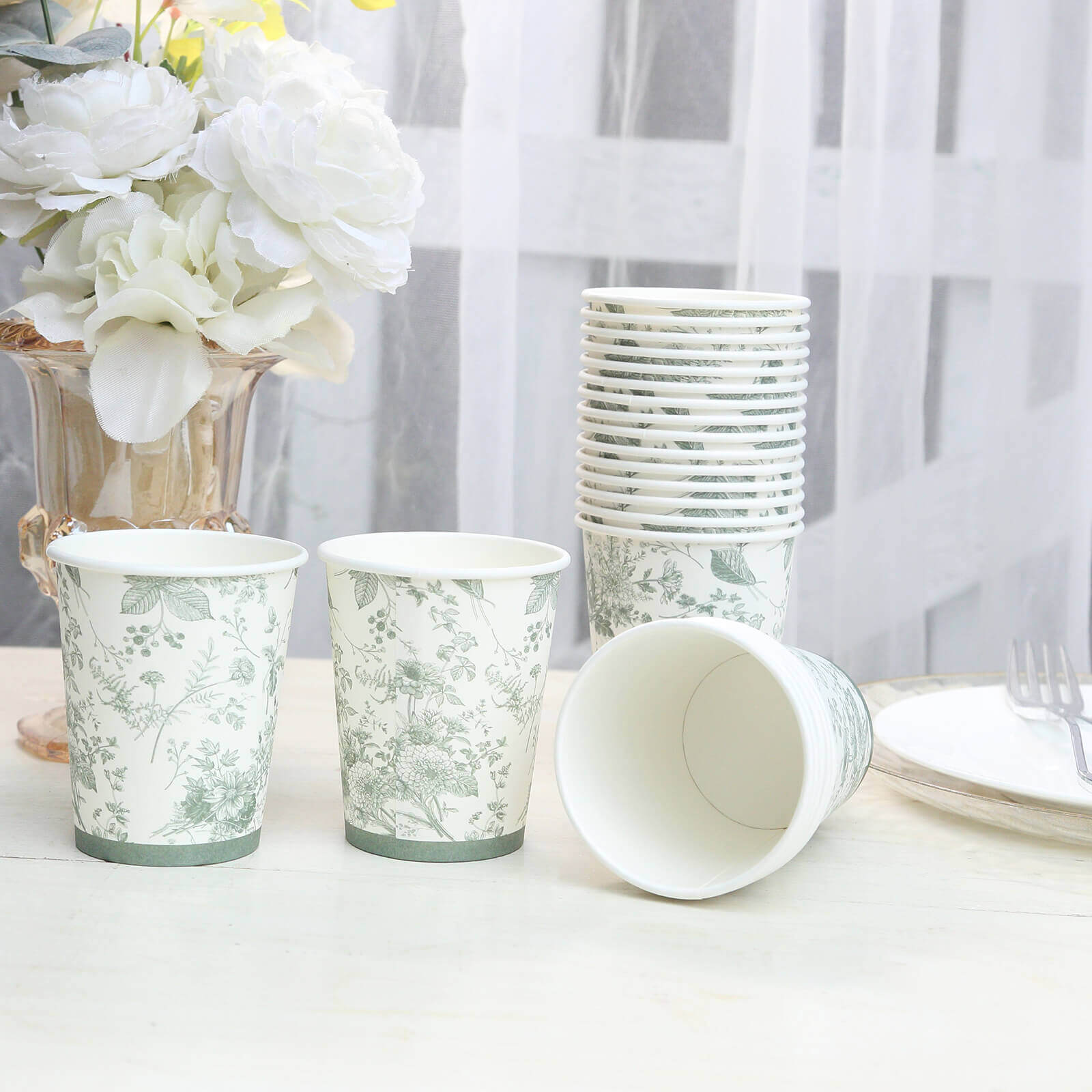 24-Piece 9oz Disposable Paper Party Cups in Elegant White & Sage Green French Toile Design