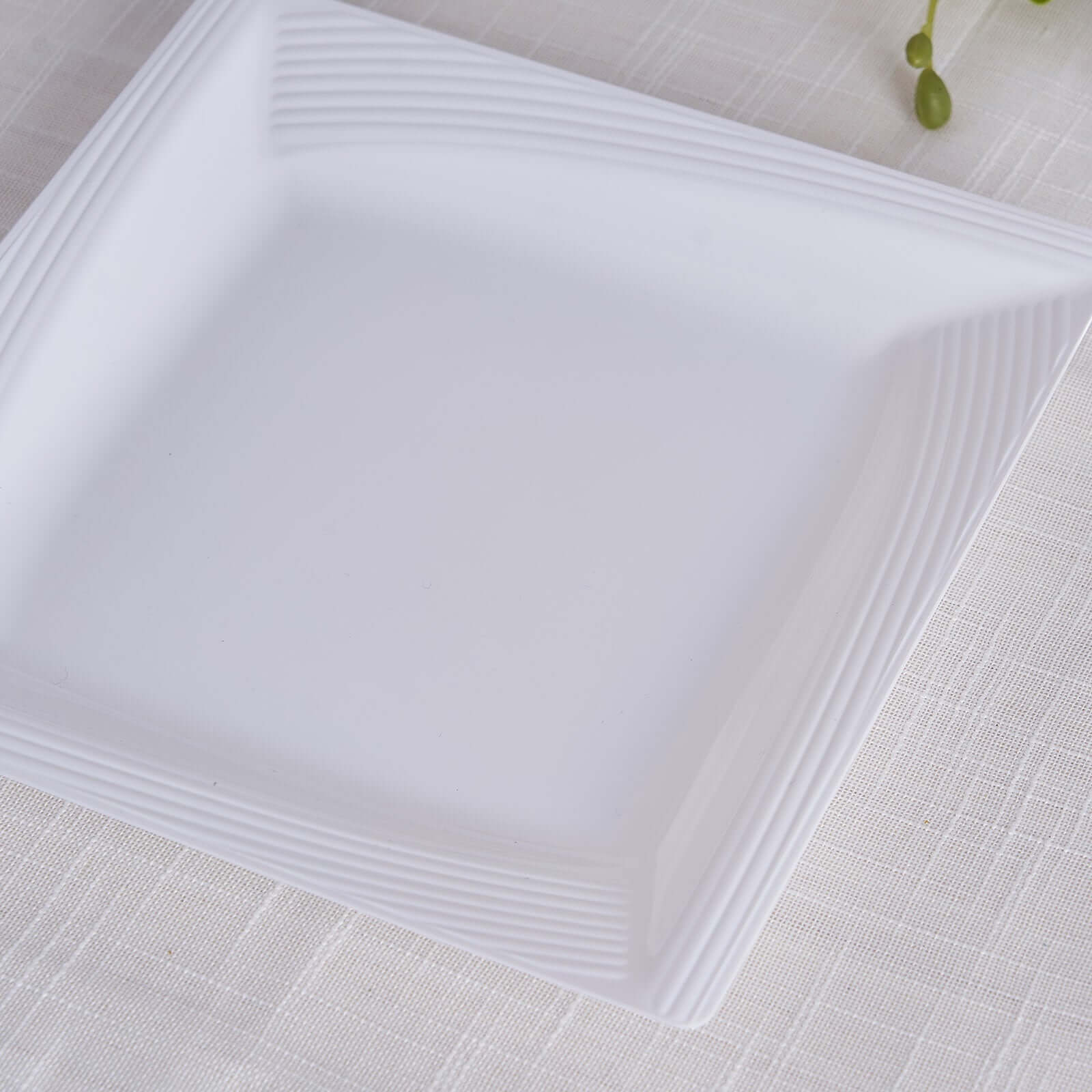 10-Pack White Disposable Plastic Square Dessert and Salad Plates with Geometric Ridge Trim for Stylish Events