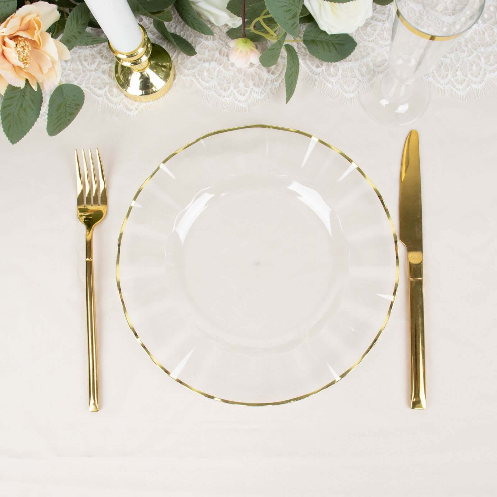 10-Piece Set of Sturdy Disposable Plastic Round Dinner Plates with Clear Ruffled Rim and Gold Edging