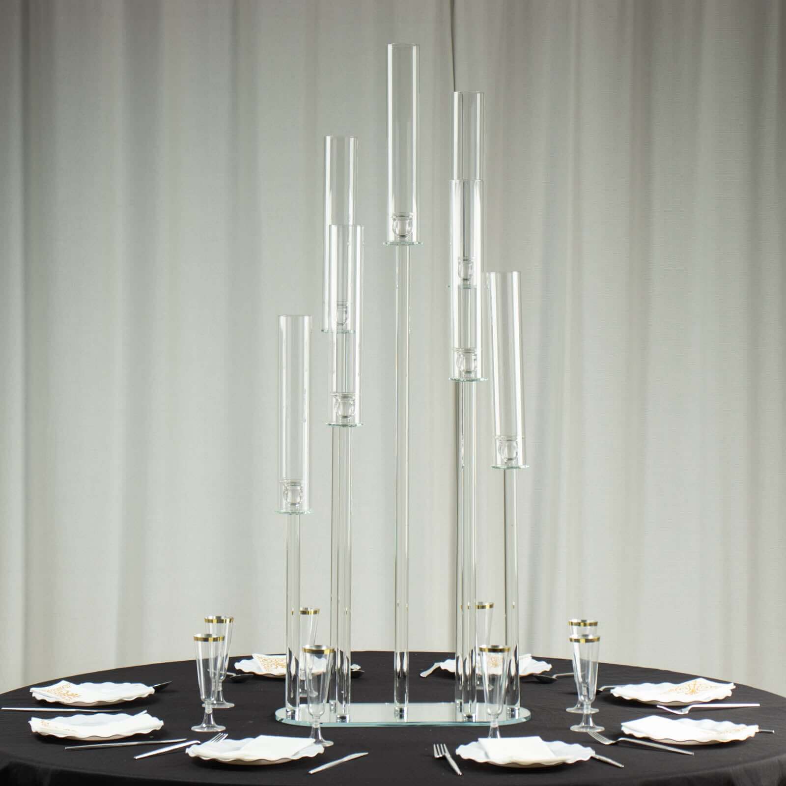 7-Arm Clear Crystal Candelabra with Hurricane Shades - Perfect Wedding Centerpiece