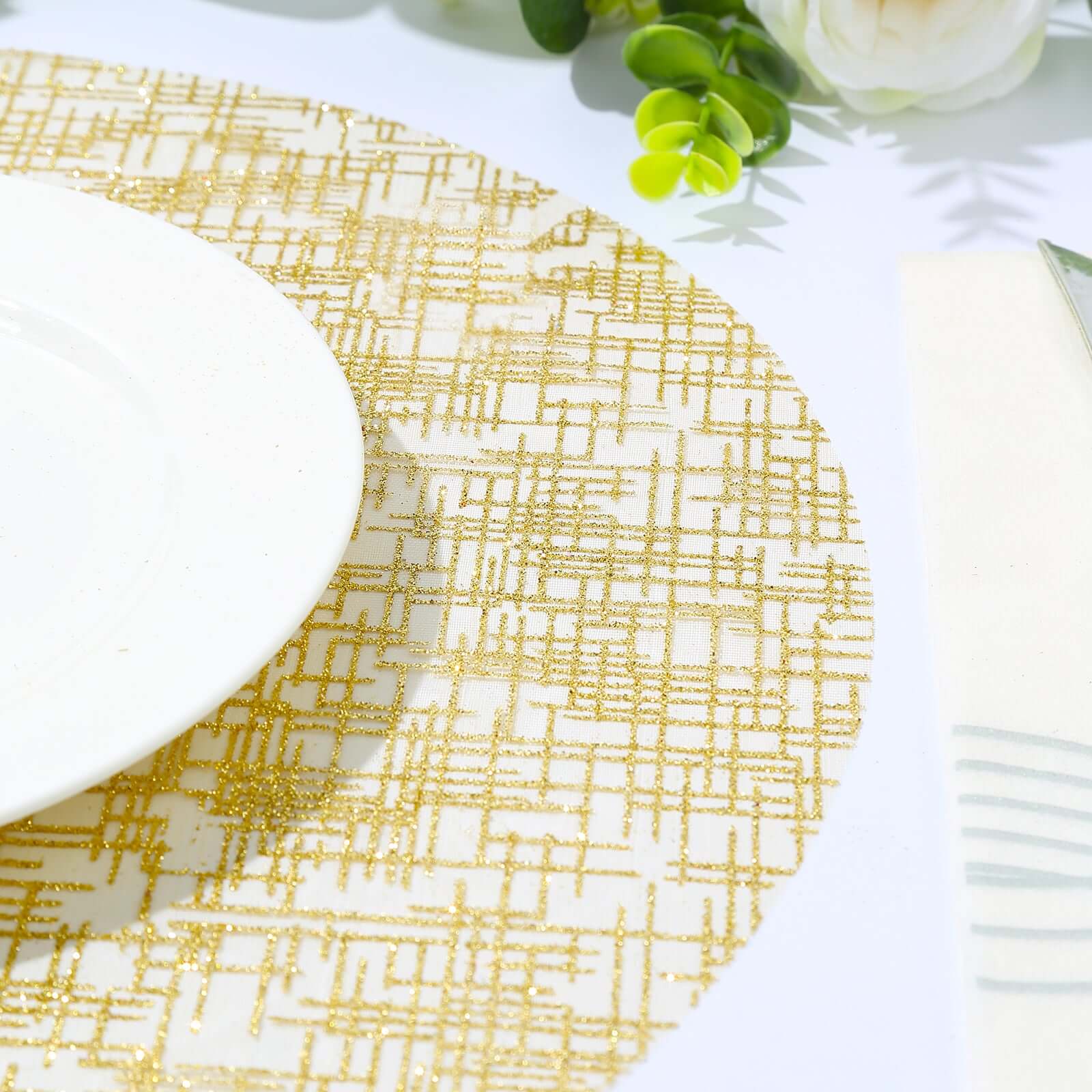 Hot Deal! 10-Pack Disposable Metallic Gold Round Table Placemats with Glitter Mesh Polyester Design