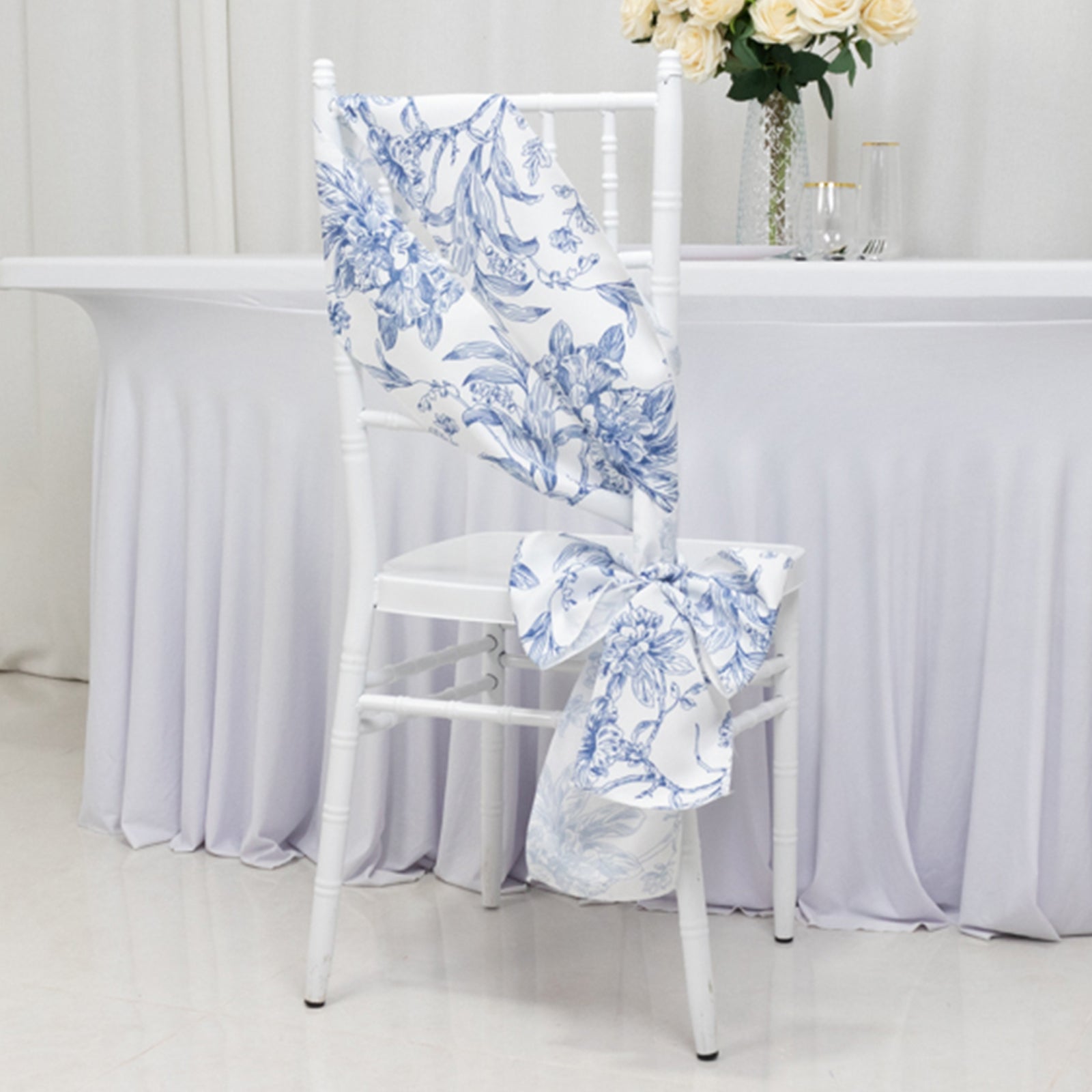 Wrinkle-Resistant Polyester Chair Sashes in White/Blue French Toile Floral Design for Weddings & Banquets