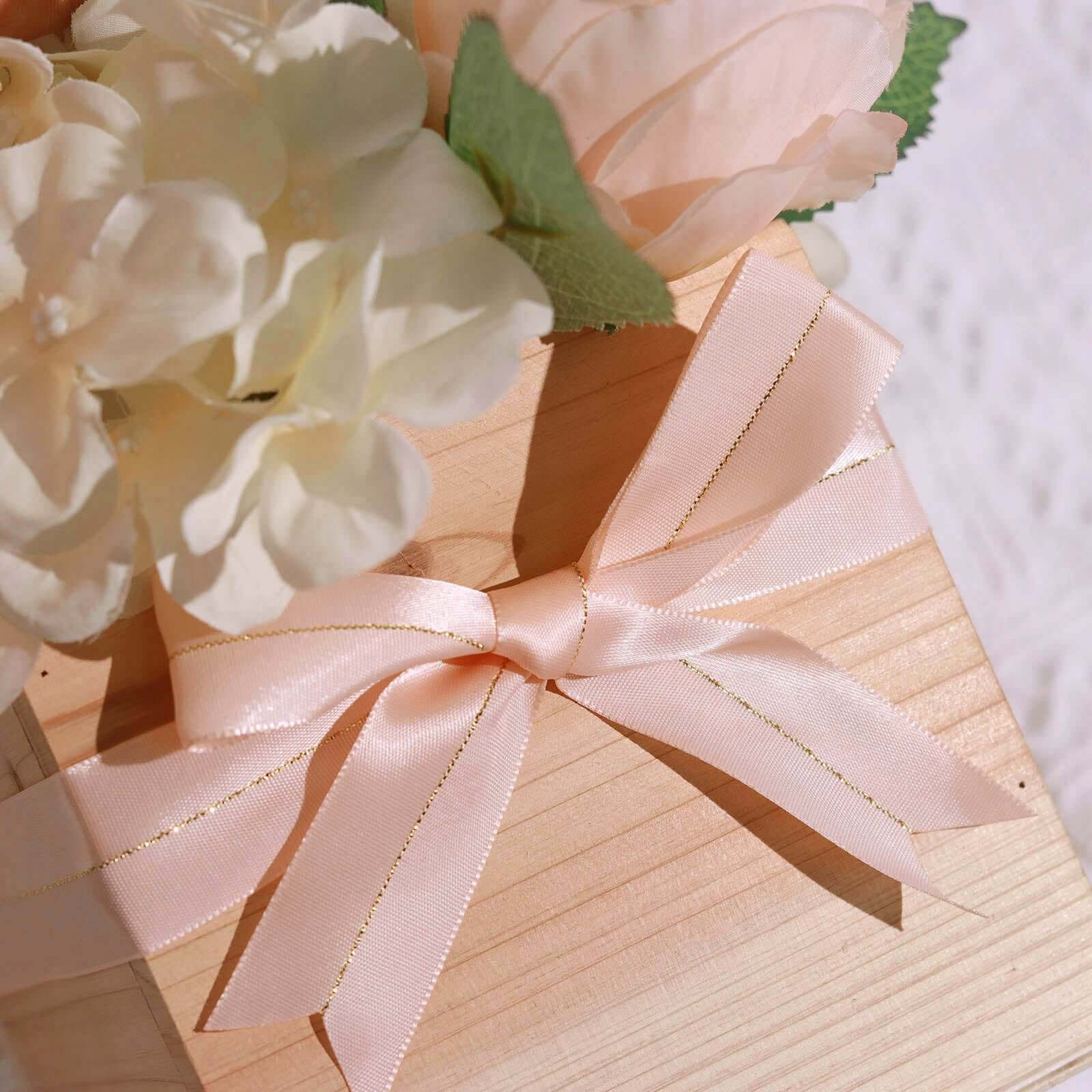 50 Pieces 10-Inch Blush Satin Pre-Tied Ribbon Bows with Gold Foil Lining for Party Decor