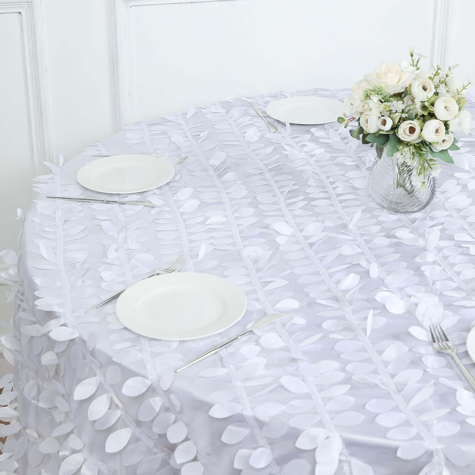 Premium White Taffeta 120 Round Tablecloth with 3D Leaf Petal Design for Weddings & Events