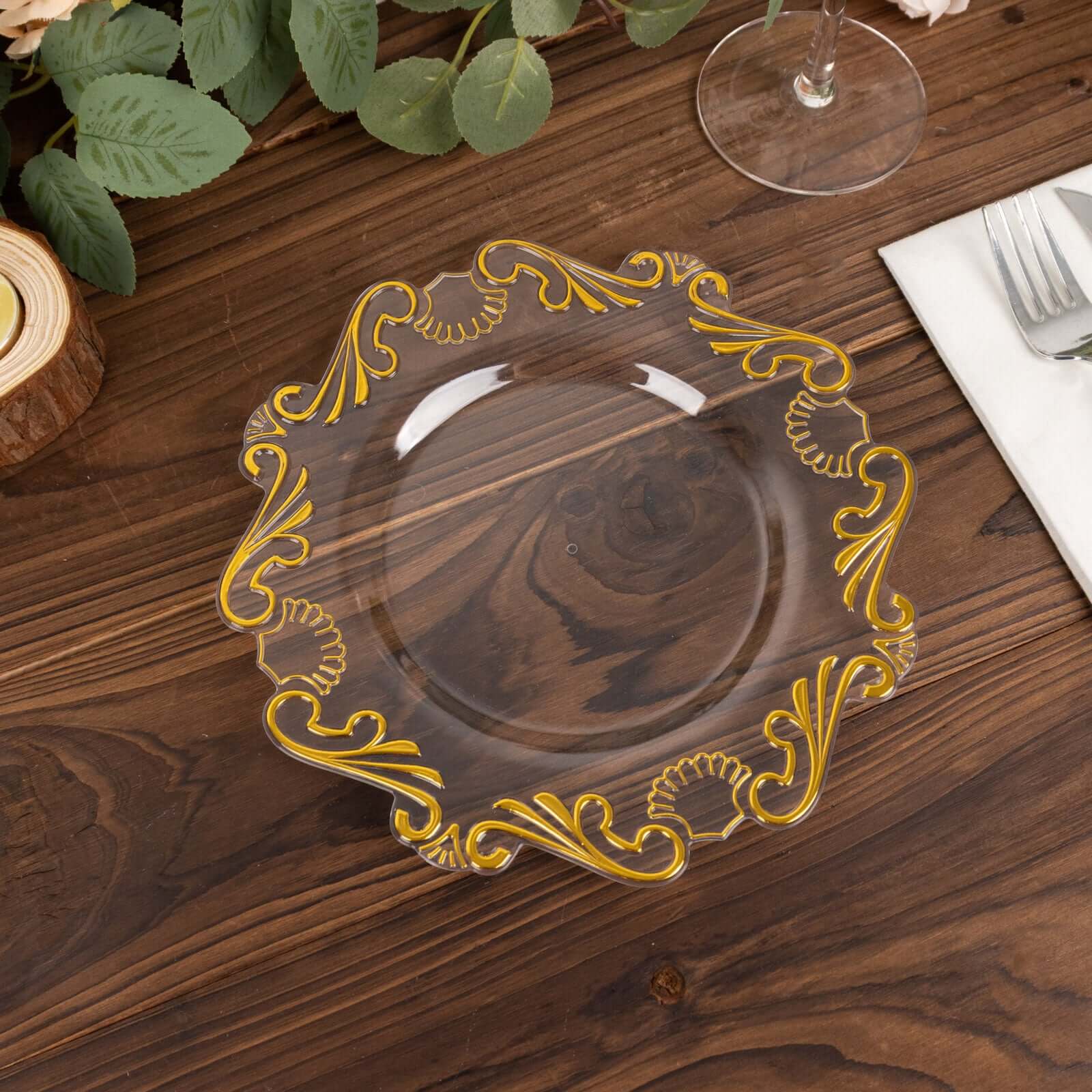 10-Piece Set of Clear Plastic Round Dessert Plates with Gold Vintage Baroque Scalloped Edge