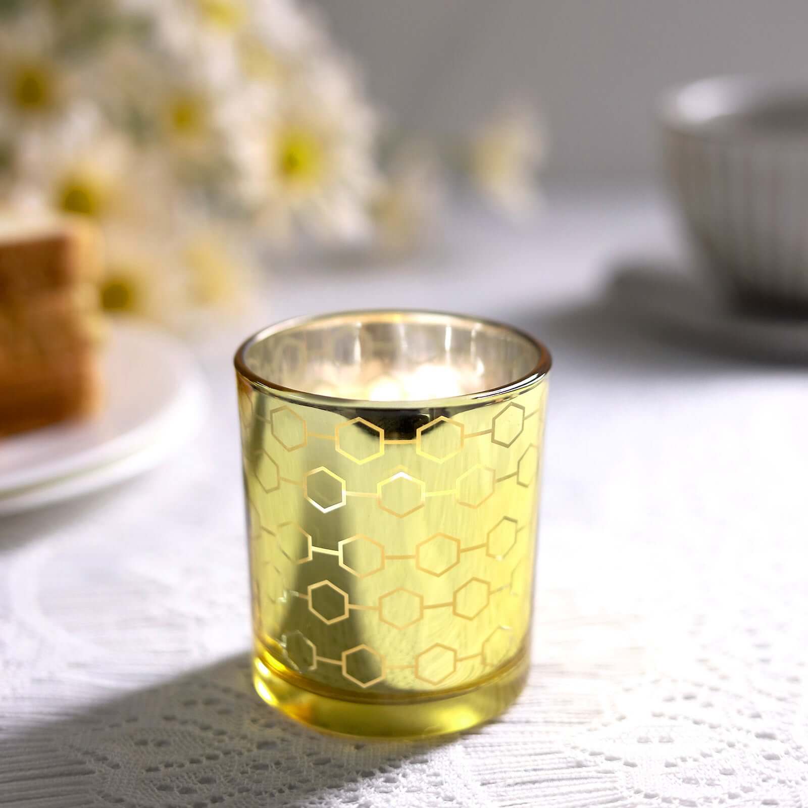Hot Sale! 6-Piece Set of Gold Mercury Glass Votive Candle Holders with Honeycomb Design