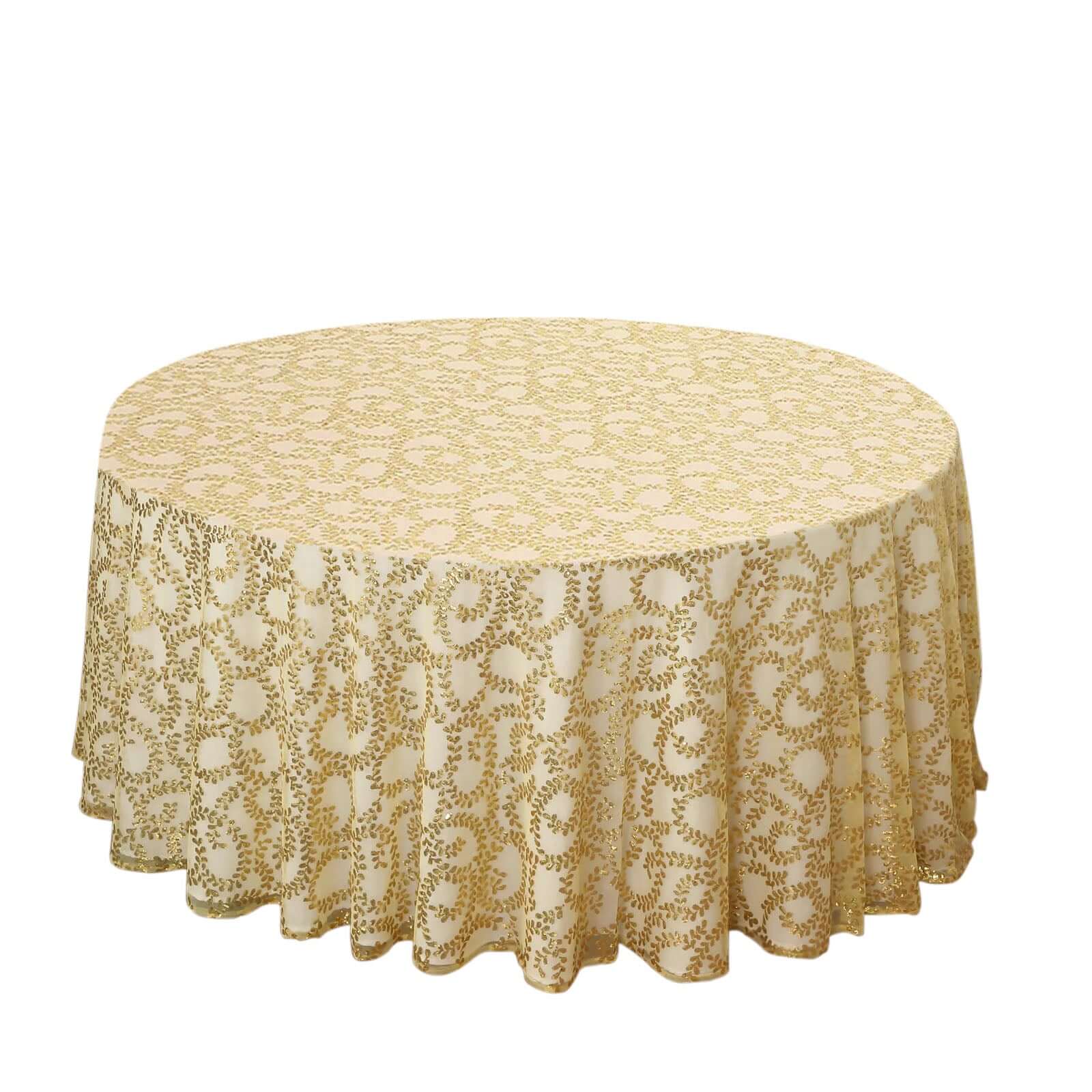 Gold Seamless Sequin Leaf Embroidered 120 Round Tulle Tablecloth for Elegant Events
