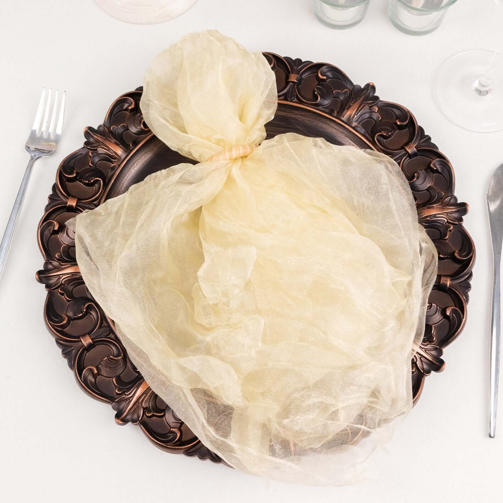 5-Pack Champagne Crinkled Organza Dinner Napkins for Rustic Parties and Weddings