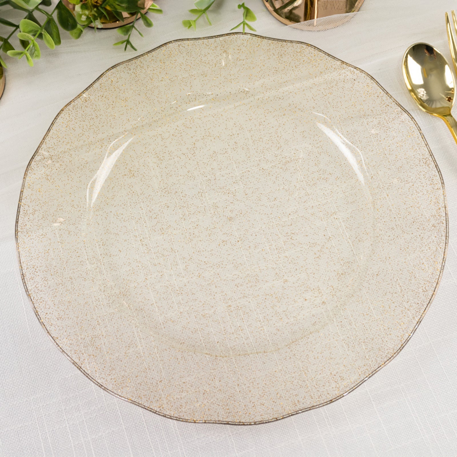 Get 10-Pack of Sturdy Disposable Gold Glitter Round Plastic Dinner Plates with Ruffled Rim