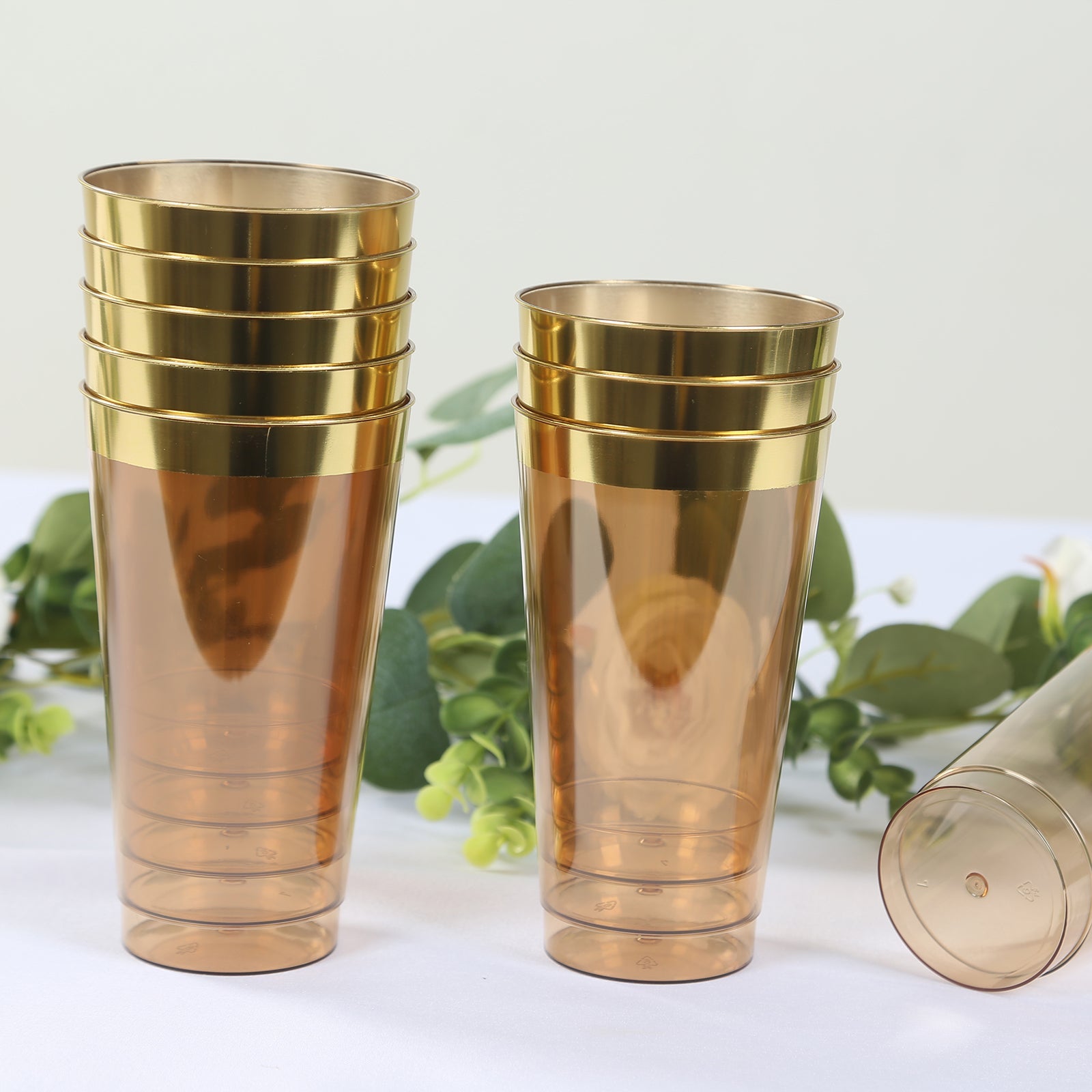 12-Pack 17oz Durable Disposable Plastic Party Cups - Transparent Amber Gold with Gold Rim