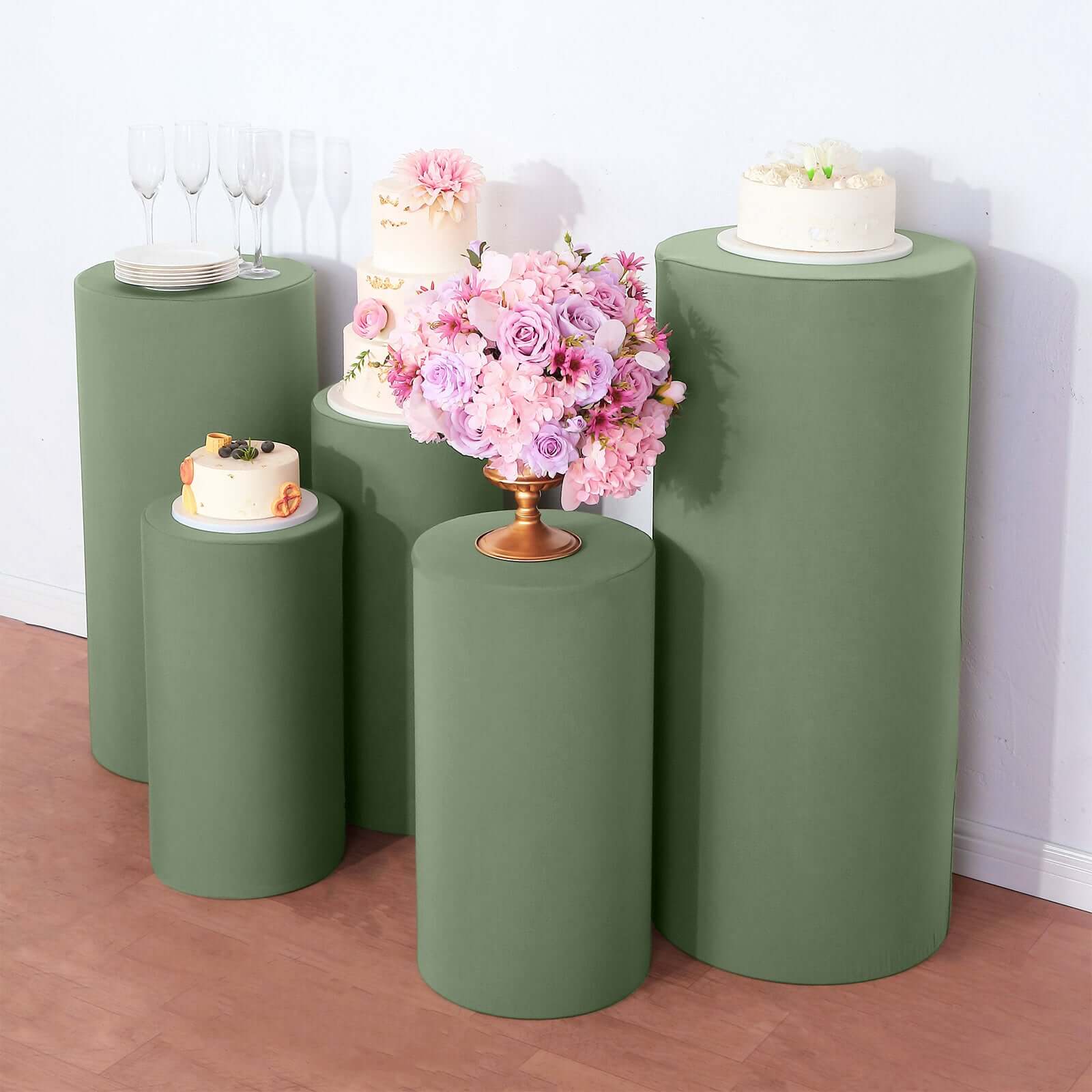 Hot! Set of 5 Stretchable Dusty Sage Green Spandex Pedestal Stand Covers, 160 GSM