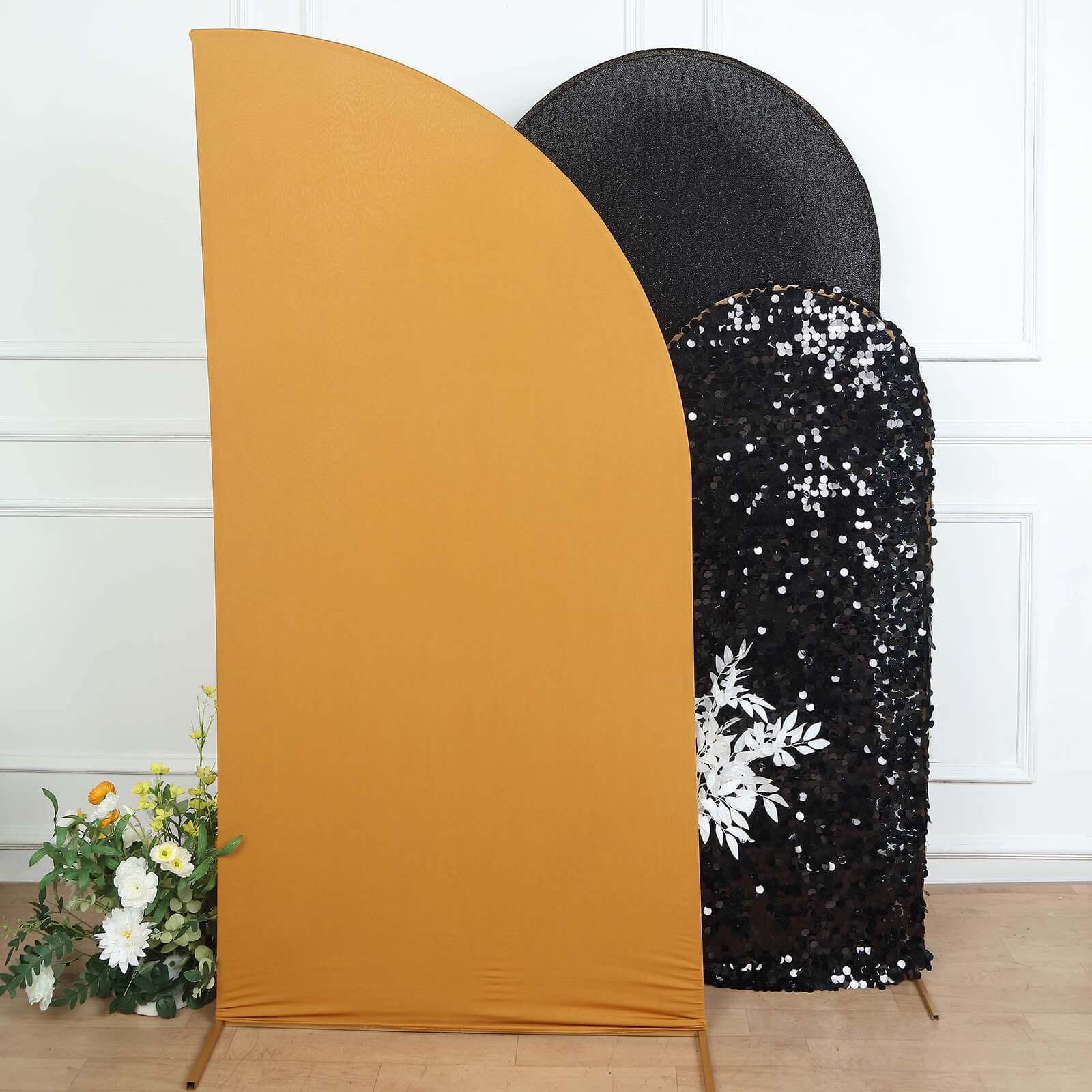 Exclusive Custom-Fitted 7ft Matte Gold Spandex Half Moon Chiara Wedding Arch Backdrop Cover