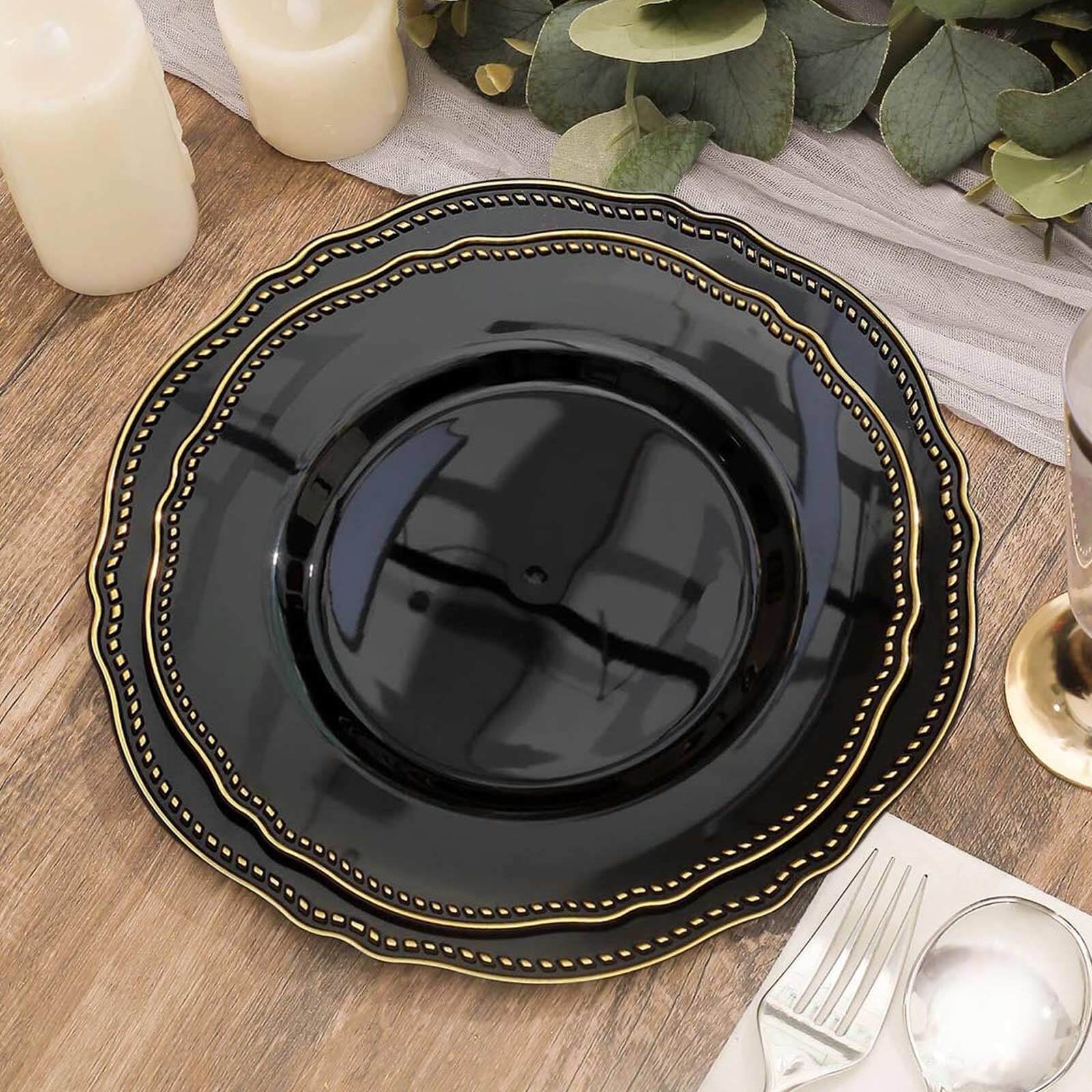 10-Piece Set of Disposable Black Plastic Dinner Plates with Gold Scalloped Rim, 9 Inches for Upscale Events
