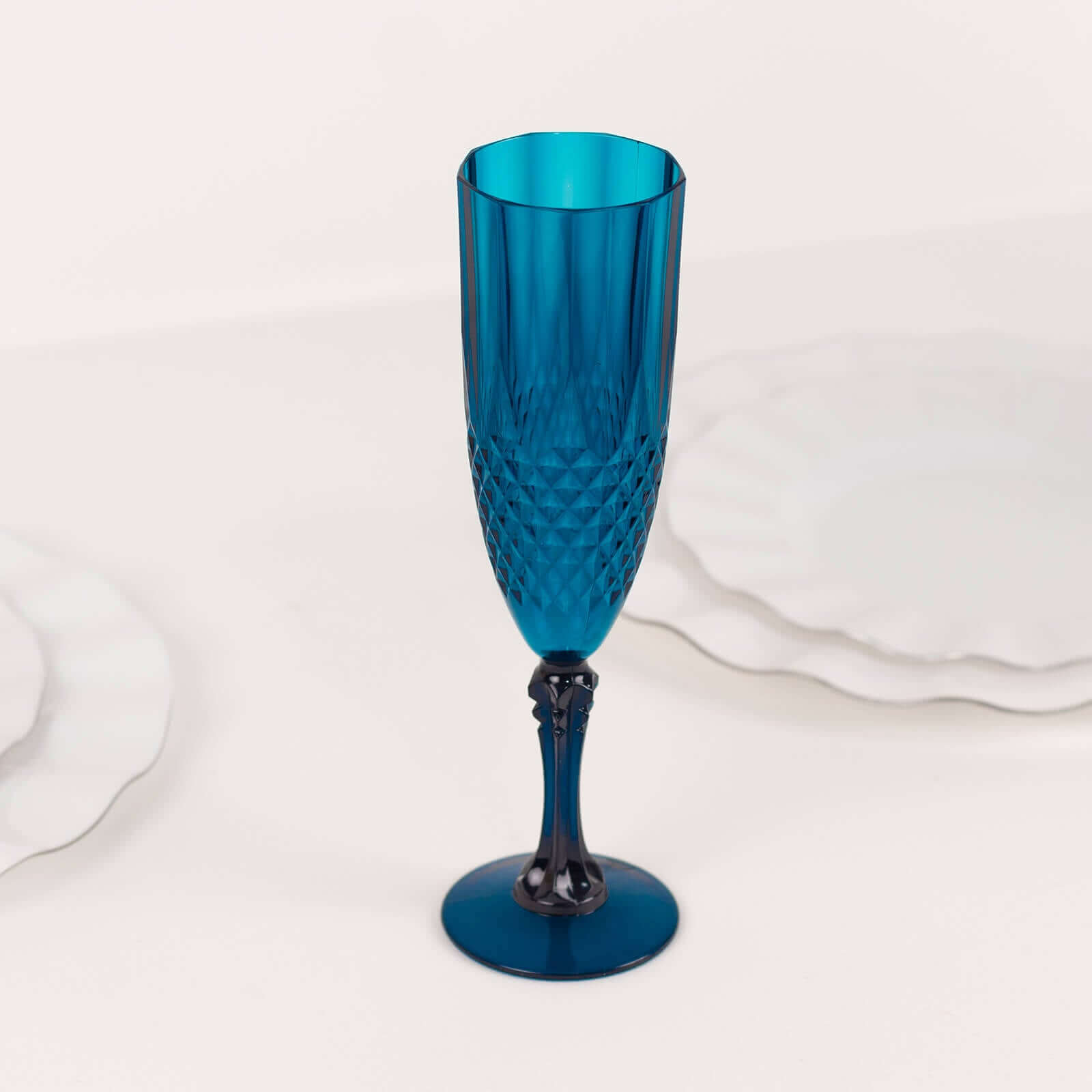 6-Piece Set of Reusable Navy Blue 8oz Plastic Champagne Toast Flutes with Crystal Cut Design
