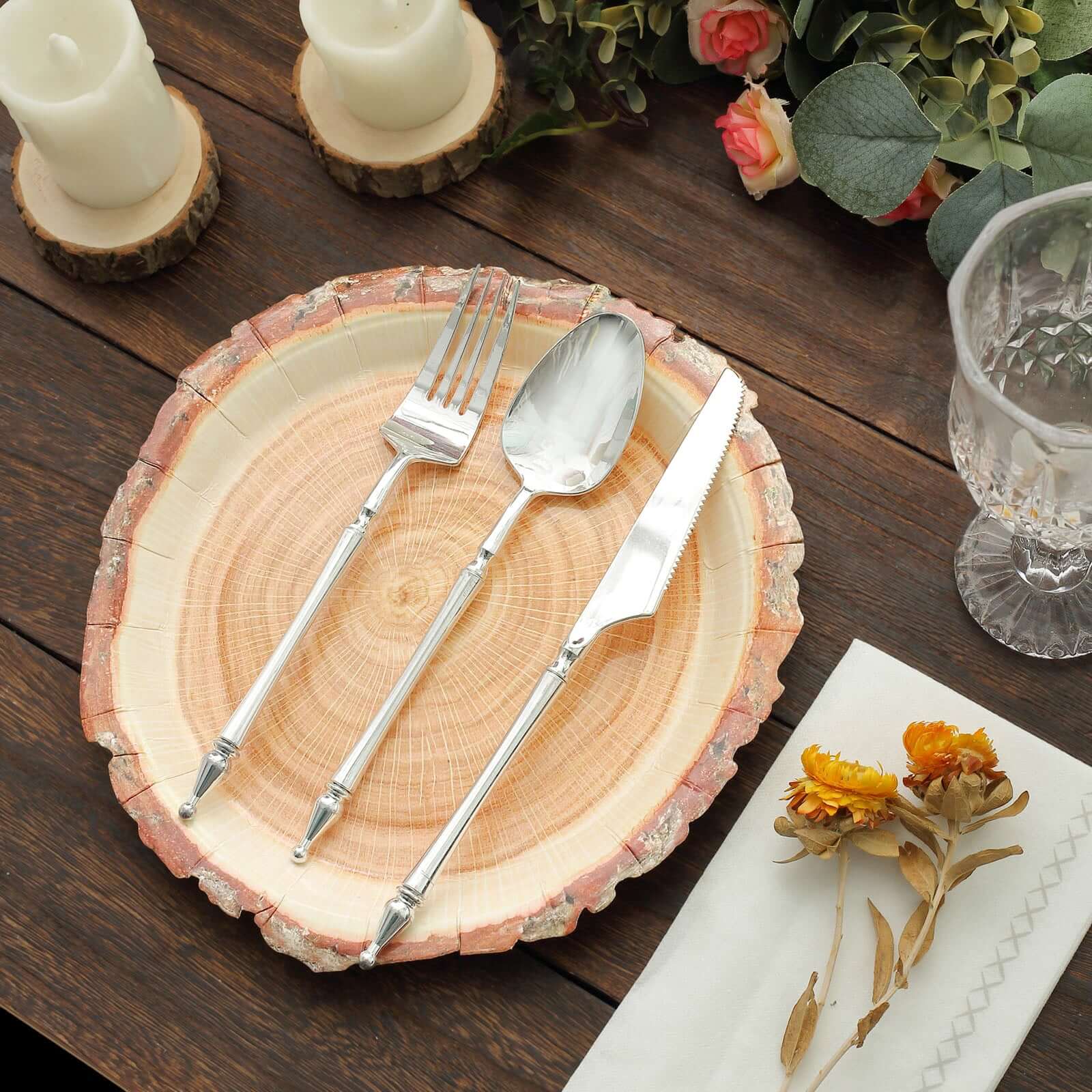 Get 25-Piece Set of Disposable Round Dinner Paper Plates with Rustic Natural Wood Slice Print