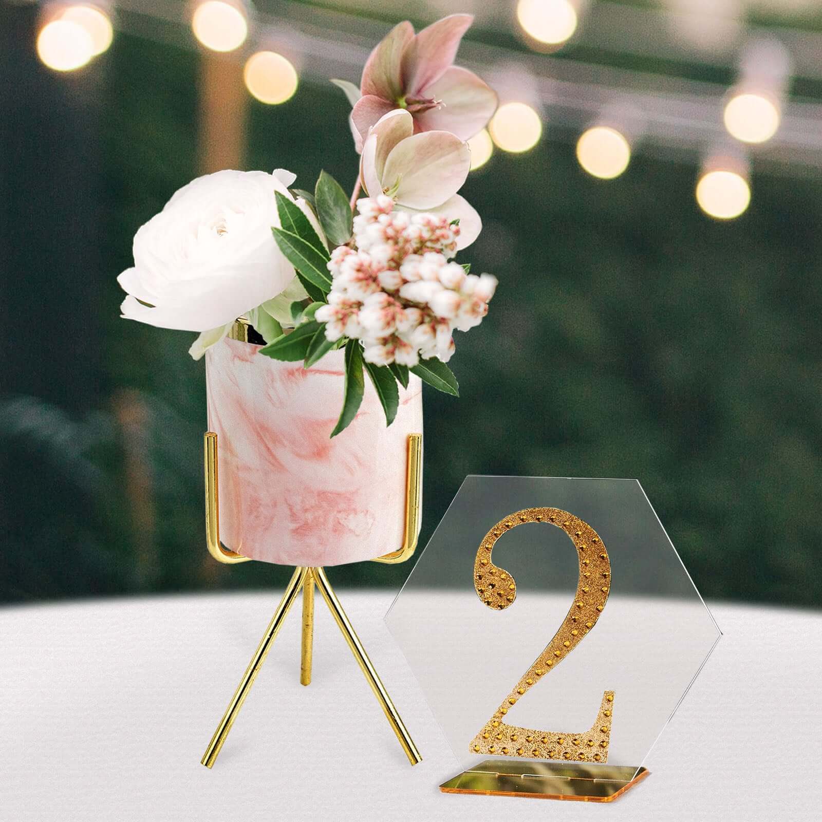 8-Inch Decorative Gold-Rimmed Pink Marble Ceramic Planter with Gold Metal Stand