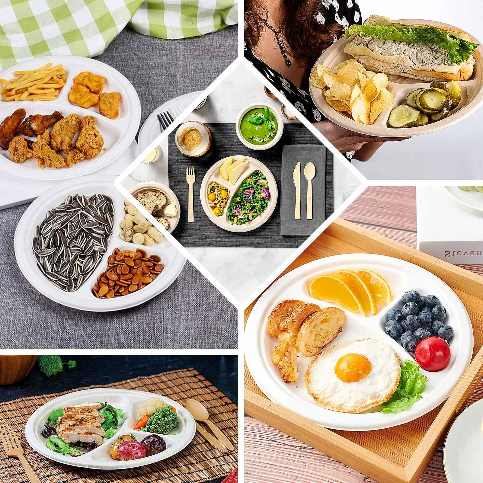 Eco-Friendly 50-Pack White Round 10-Inch 3-Compartment Dinner Plates from Bagasse - Ideal for Events & Catering