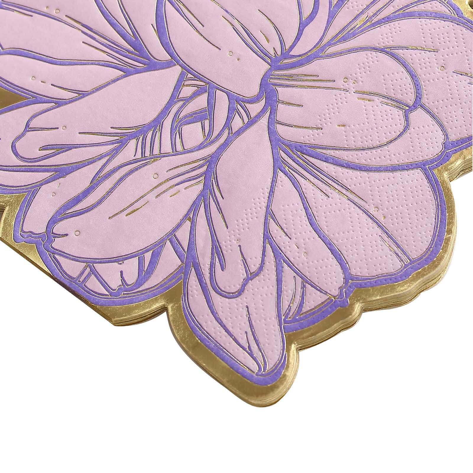 Get 20-Pack Disposable Cocktail Paper Napkins with Purple Peony & Gold Edges for Parties