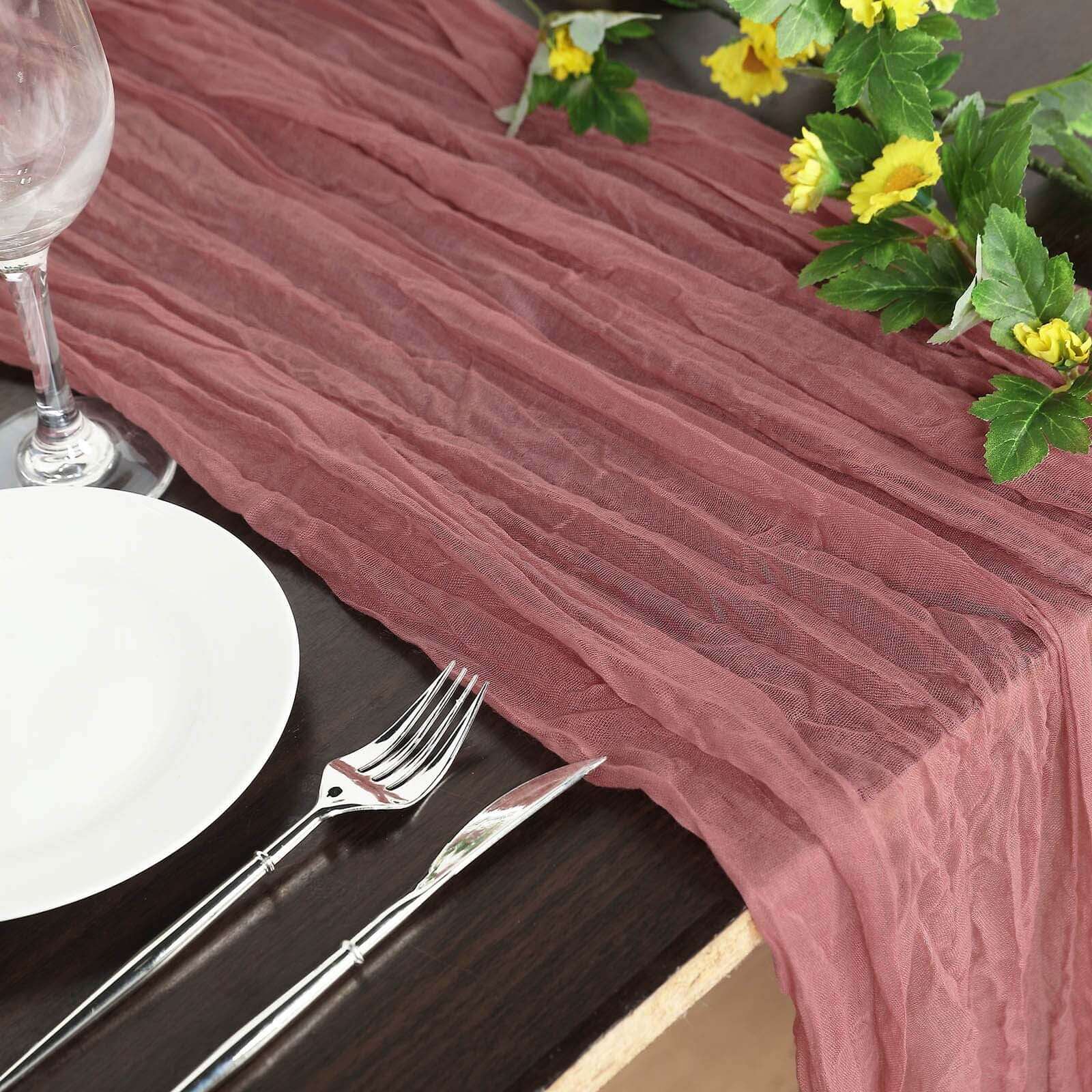 10ft Rustic Boho Style Gauze Cheesecloth Table Runner in Mauve & Cinnamon Rose