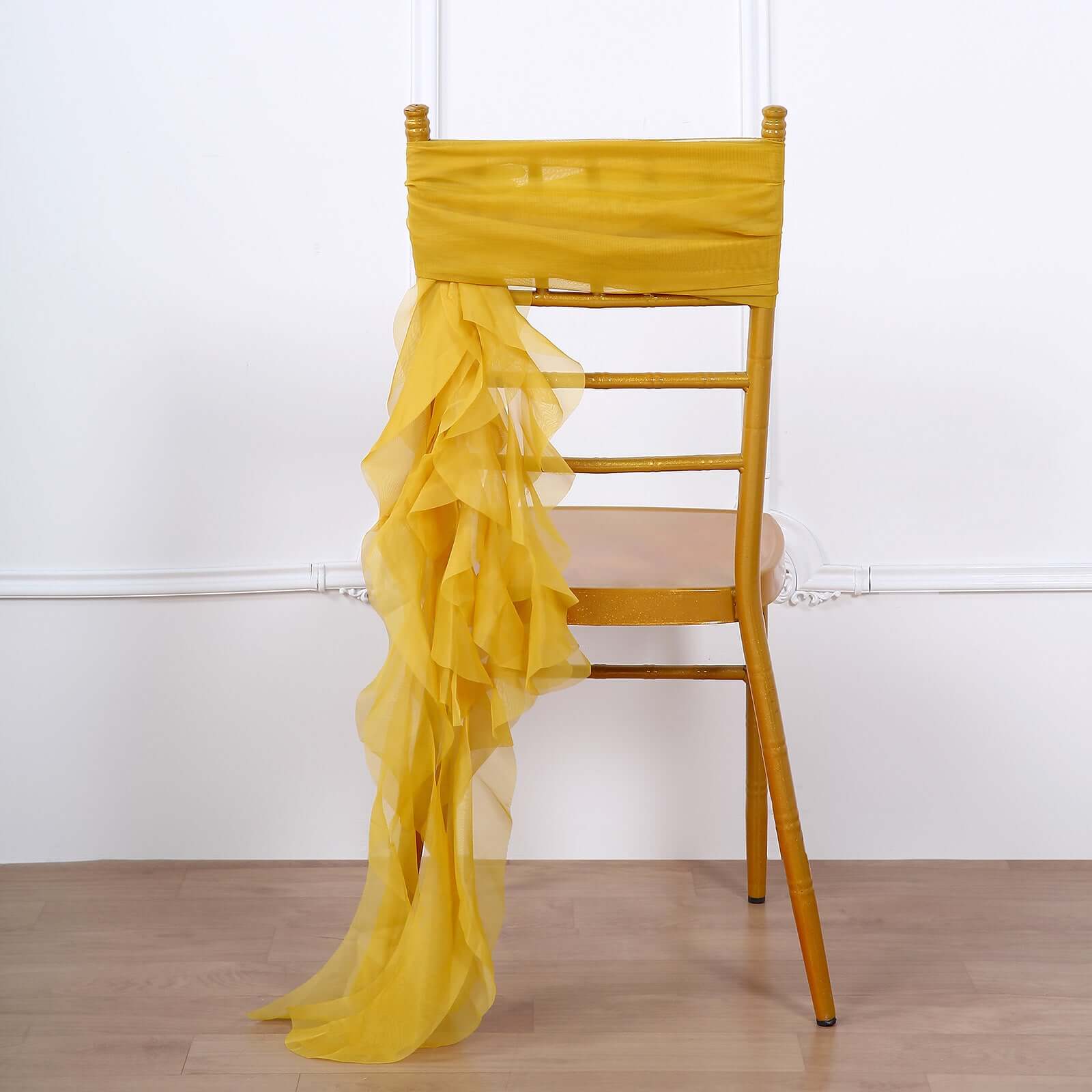 Mustard Yellow Chiffon Chair Sashes Set with Willow Ruffles - Elegant Chair Bow Decor