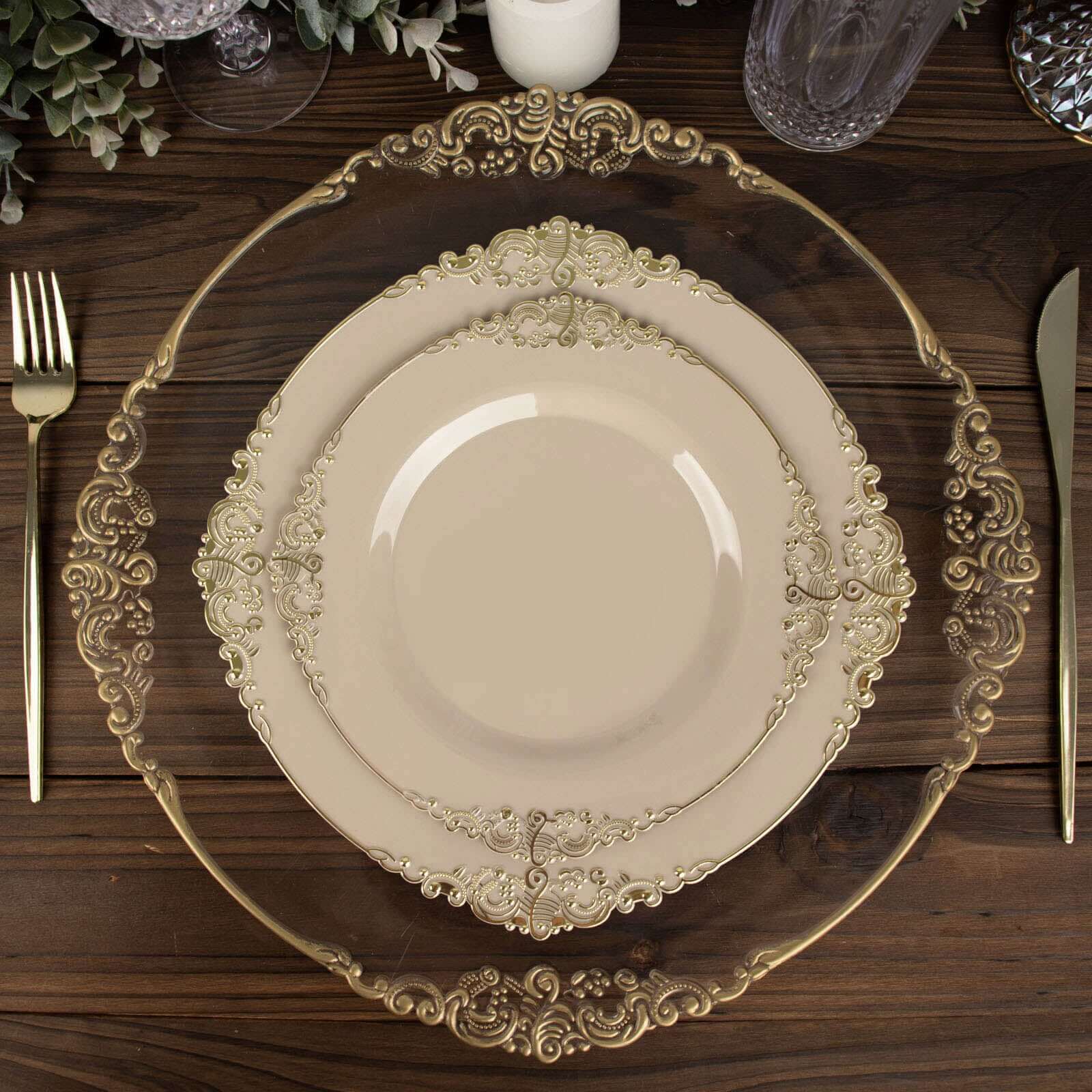 10-Pack Disposable Taupe Plastic Round Dessert Plates with Gold Leaf Embossed Rim - Vintage Baroque Style