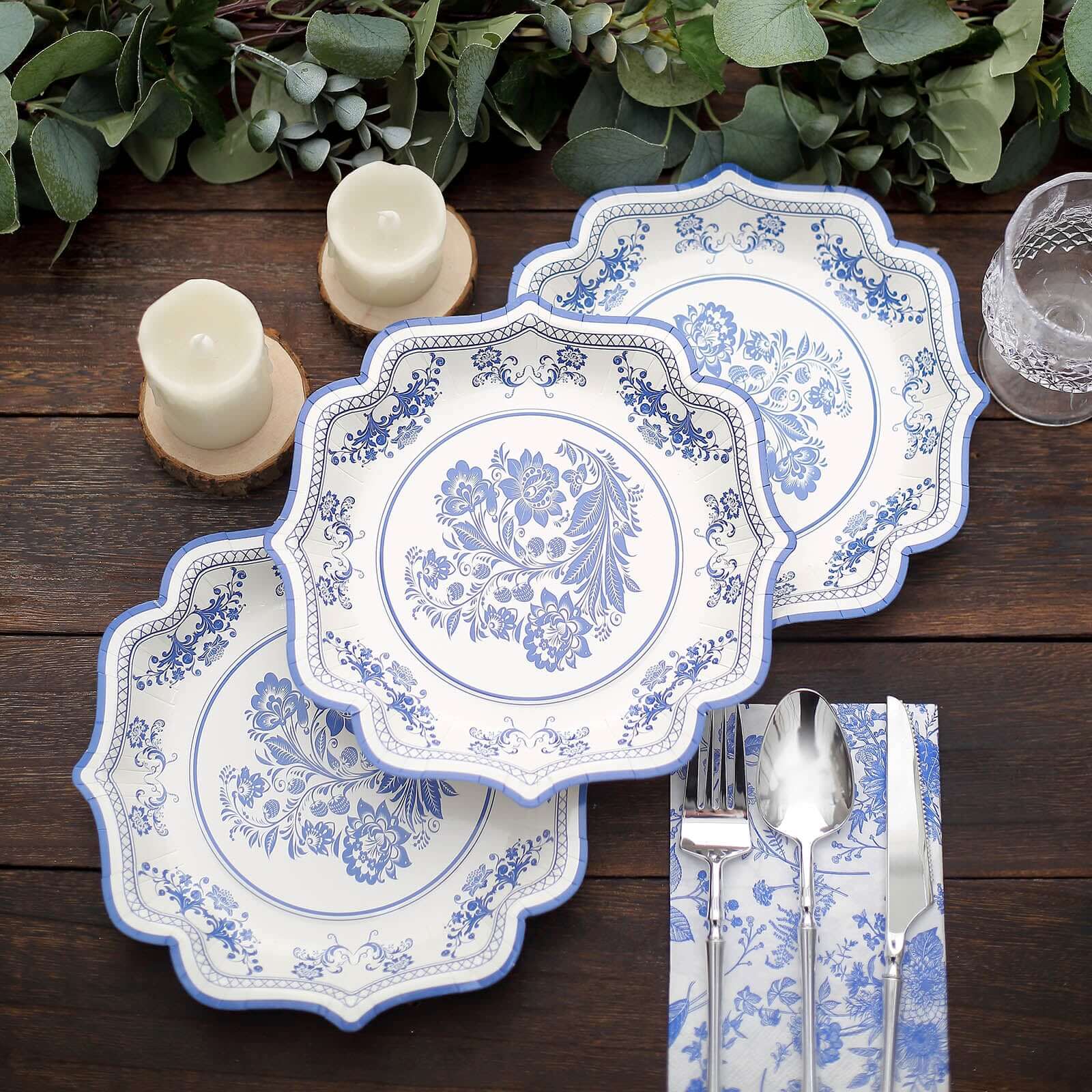 25-Pack Disposable White Paper Salad Plates with Light Blue Damask Floral Print and Scallop Rim