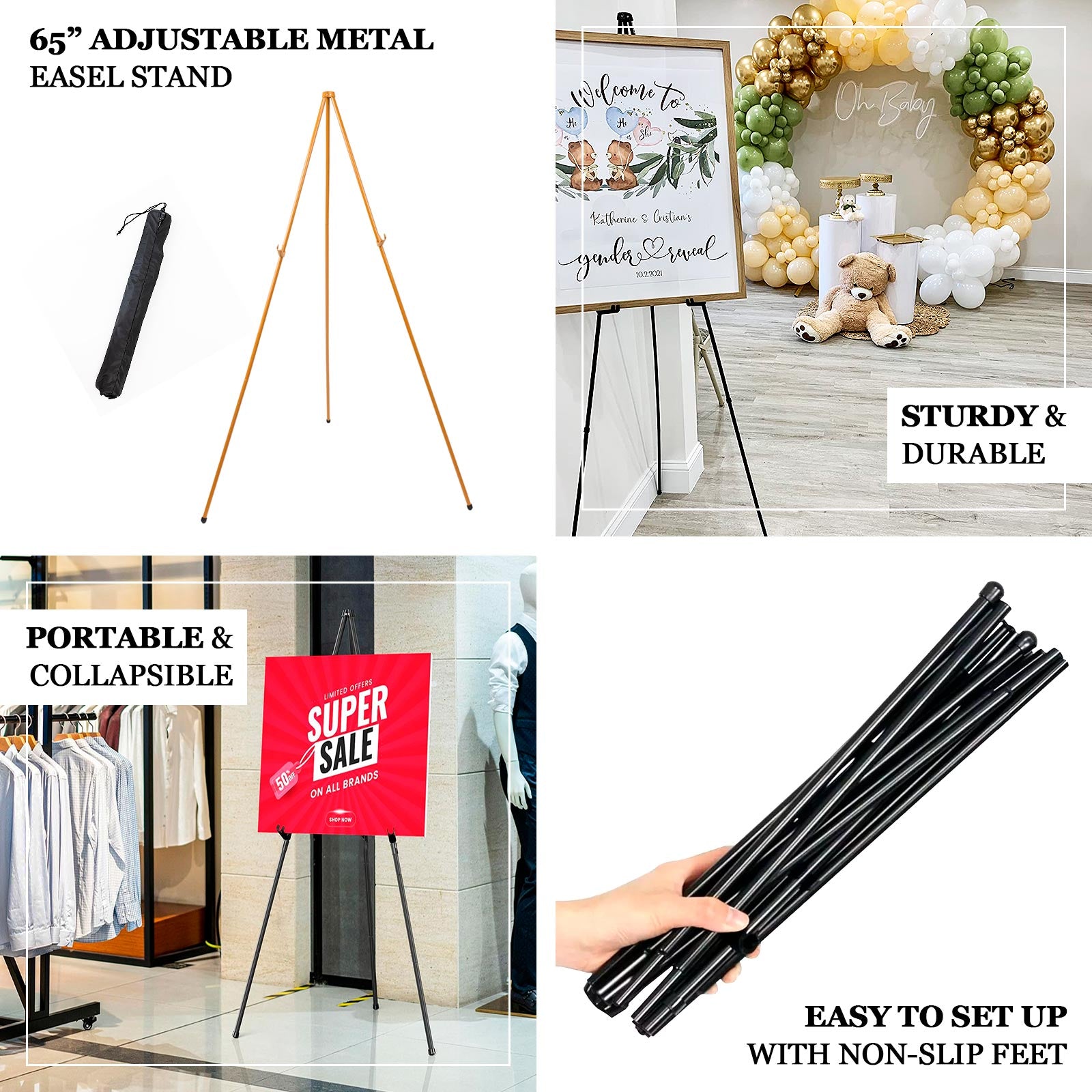 65" Heavy-Duty Gold Metal Easel Stand: Portable & Adjustable for Weddings, Posters & Art - Great Deal!