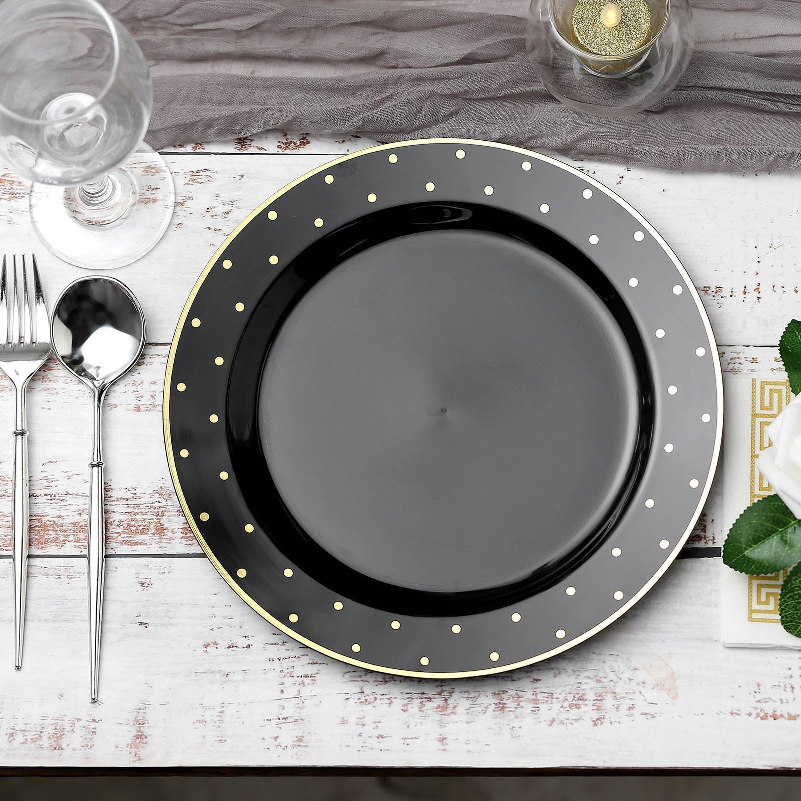 10-Pack Black Plastic Dinner Plates with Gold Dot Rim, Disposable and Sturdy