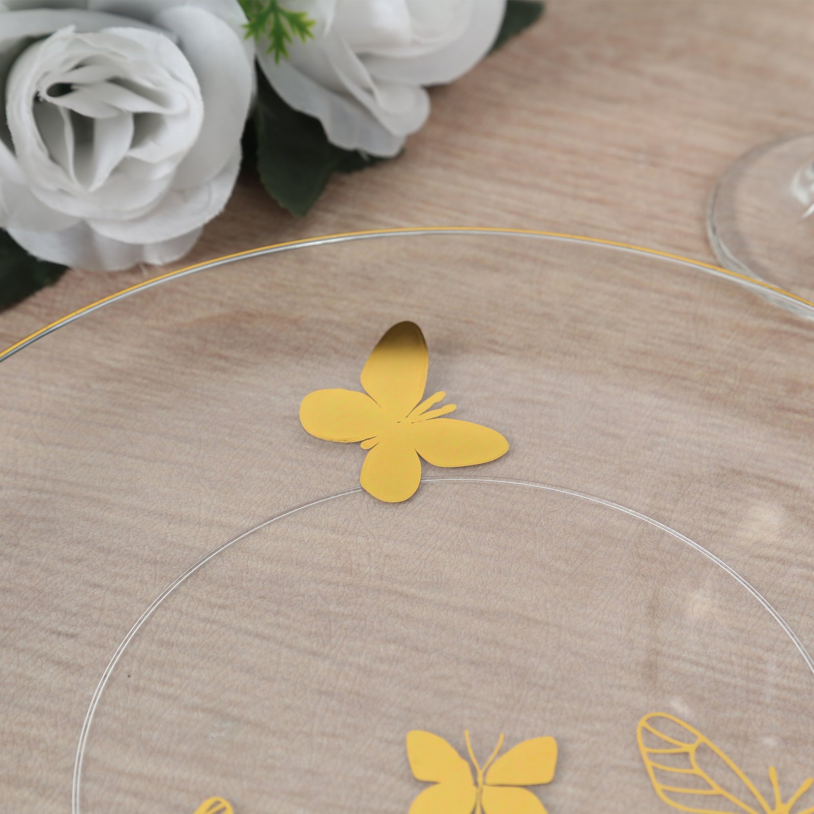 Get 20-Piece Clear Plastic Dinner & Salad Plates with Gold Butterfly Design & Rim - Stylish Disposable Ware